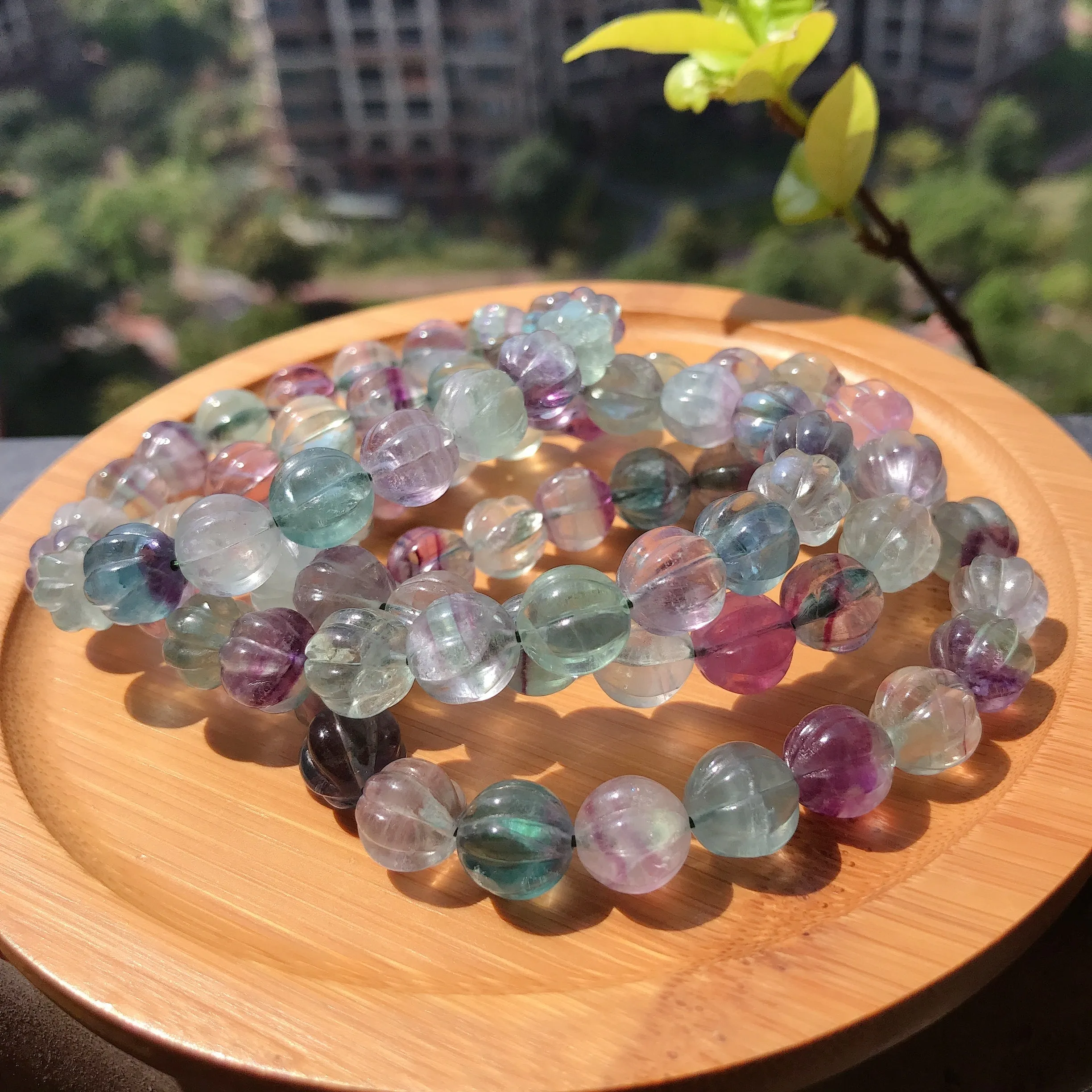 10mm Hand-carved Rainbow Fluorite Bracelet Pisces Capricorn Lucky Stone Pumpkin Shape Elastic Healing Jewelry