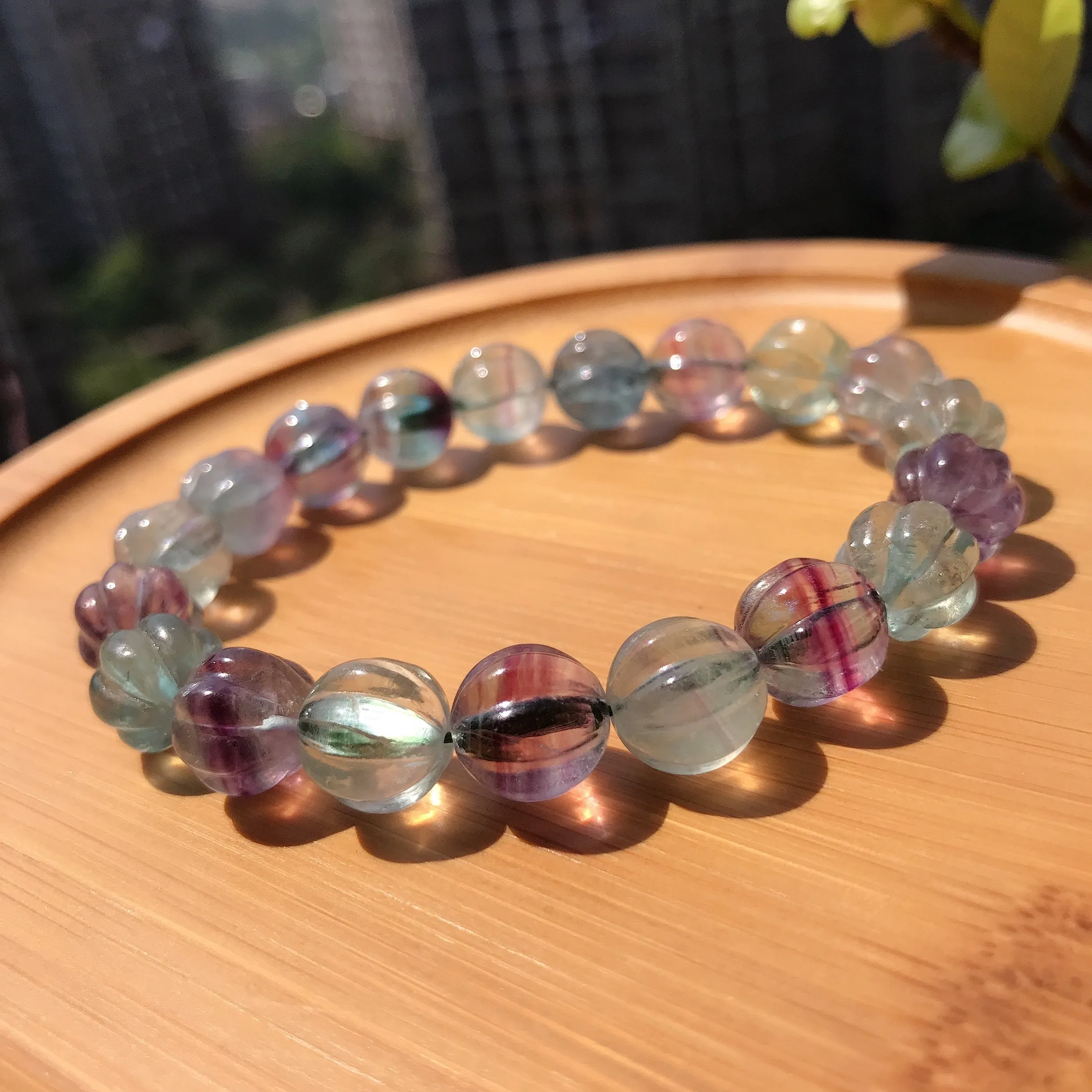 10mm Hand-carved Rainbow Fluorite Bracelet Pisces Capricorn Lucky Stone Pumpkin Shape Elastic Healing Jewelry