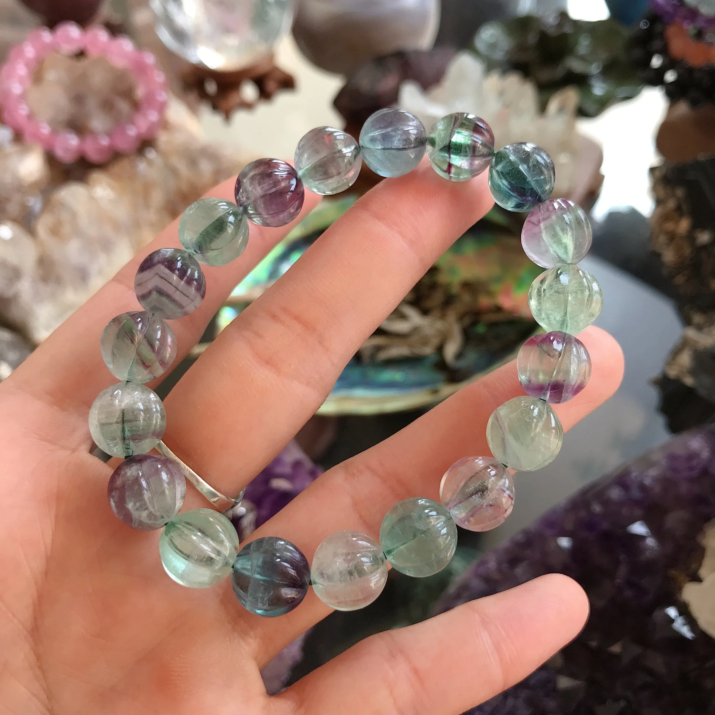 10mm Hand-carved Rainbow Fluorite Bracelet Pisces Capricorn Lucky Stone Pumpkin Shape Elastic Healing Jewelry