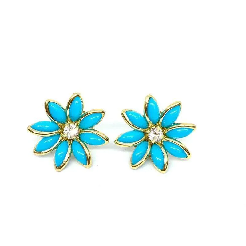 18k Gold Filled Turquoise Flower Crystal Earrings Pendant Necklace Set