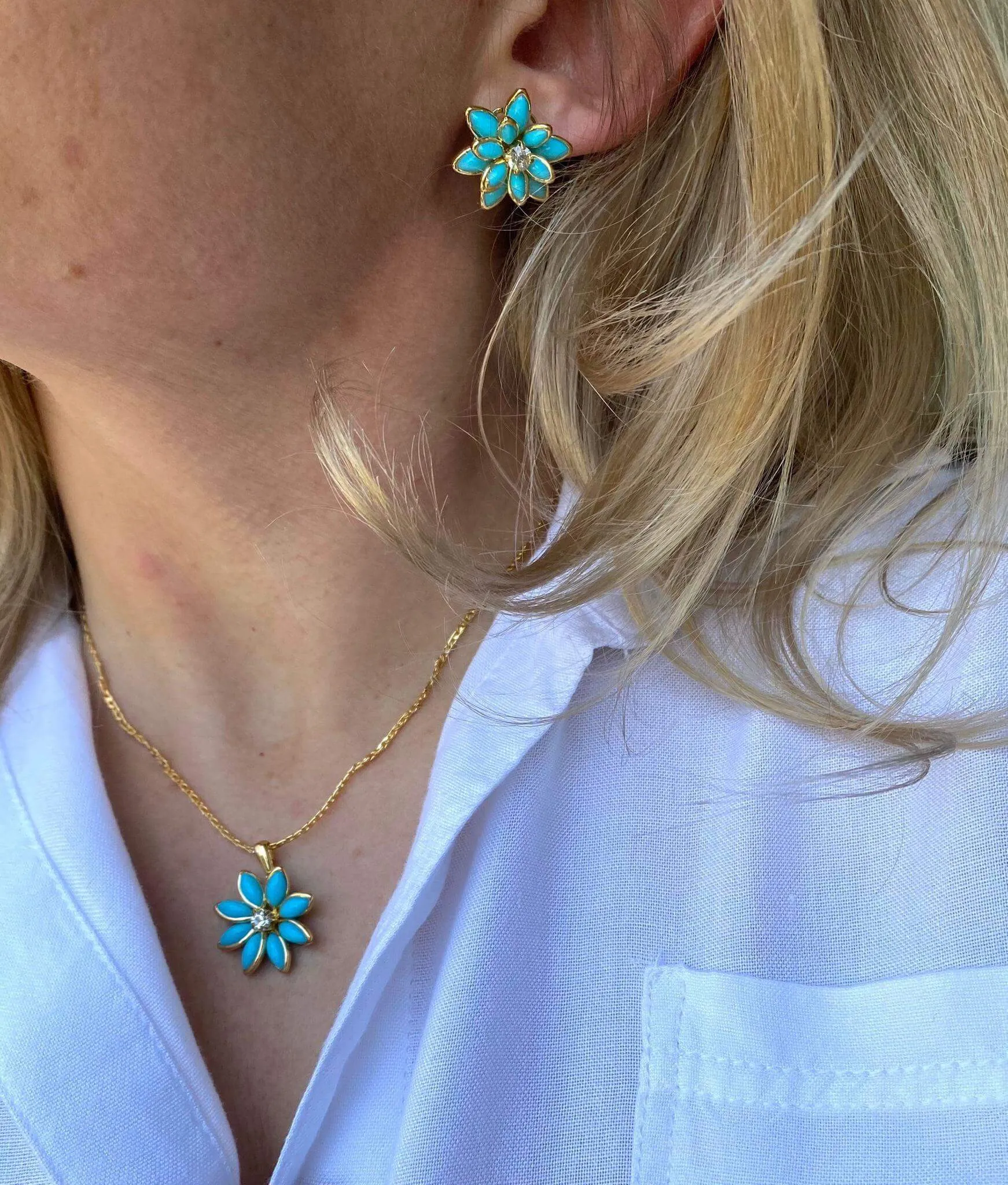 18k Gold Filled Turquoise Flower Crystal Earrings Pendant Necklace Set