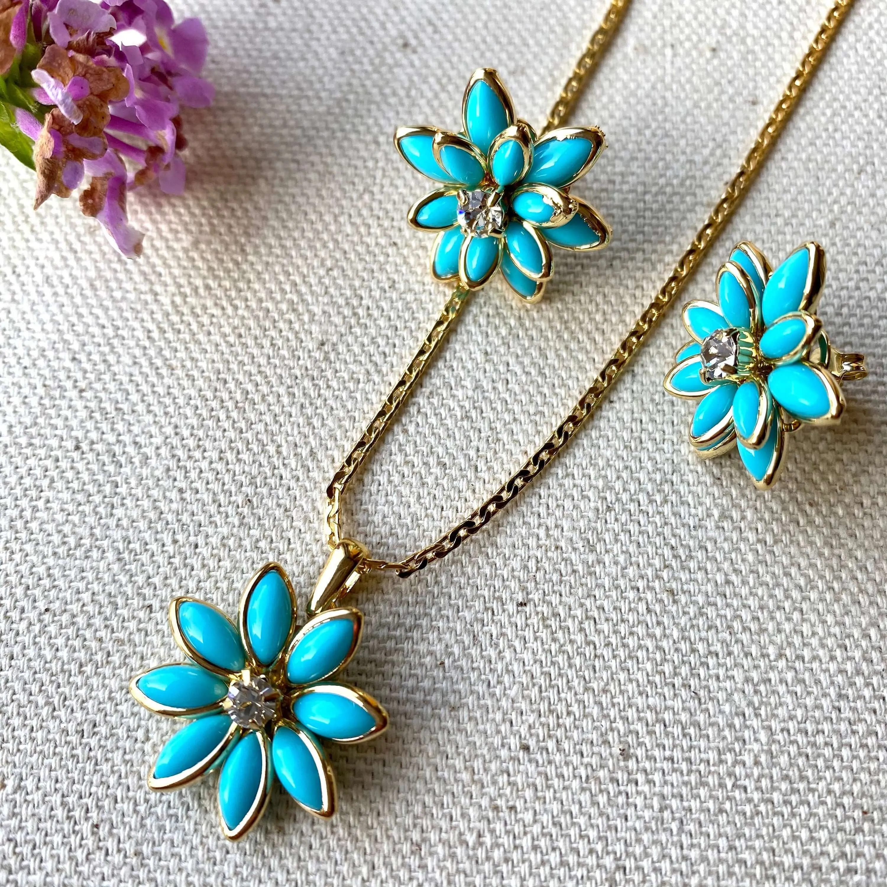 18k Gold Filled Turquoise Flower Crystal Earrings Pendant Necklace Set