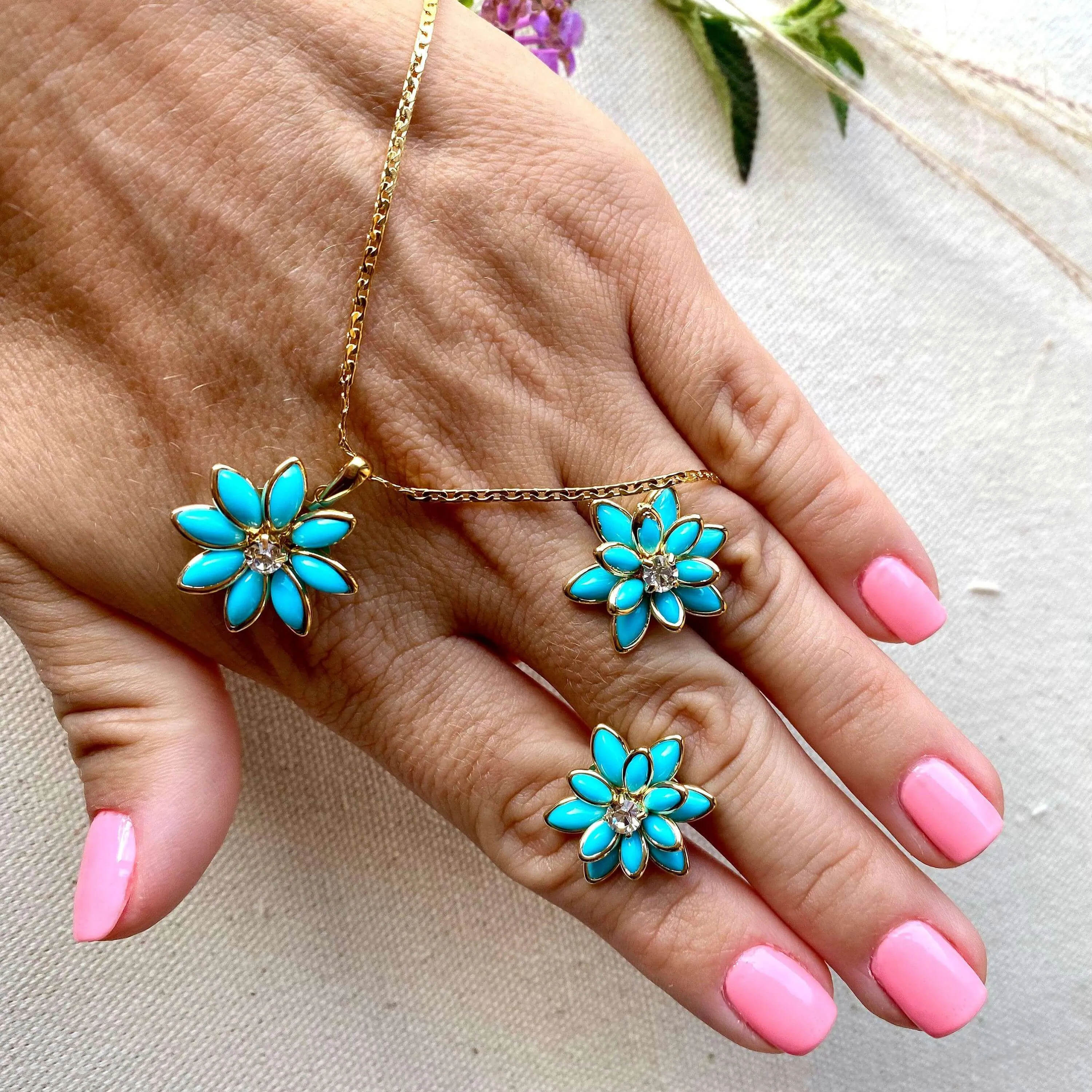 18k Gold Filled Turquoise Flower Crystal Earrings Pendant Necklace Set