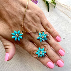 18k Gold Filled Turquoise Flower Crystal Earrings Pendant Necklace Set