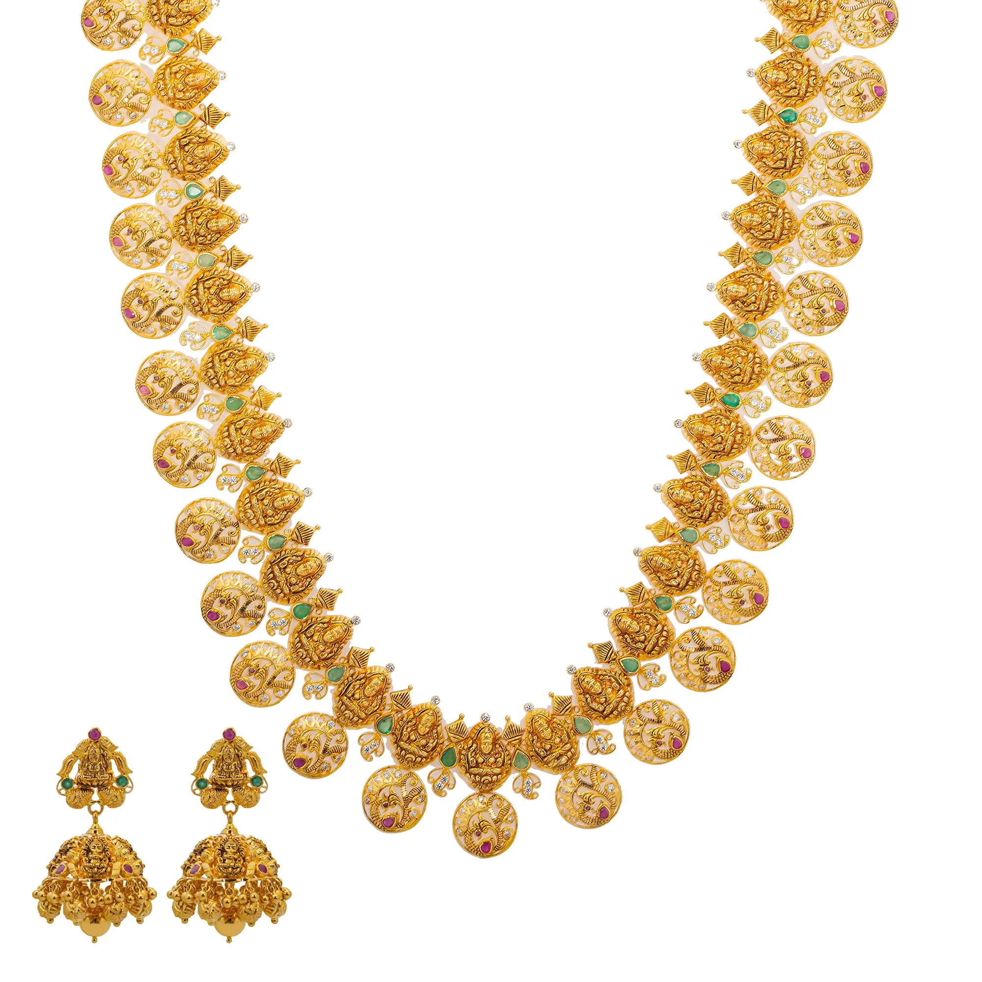 22K Yellow Gold, Gem, CZ, and Pearl Temple Necklace Set (116.7gm)