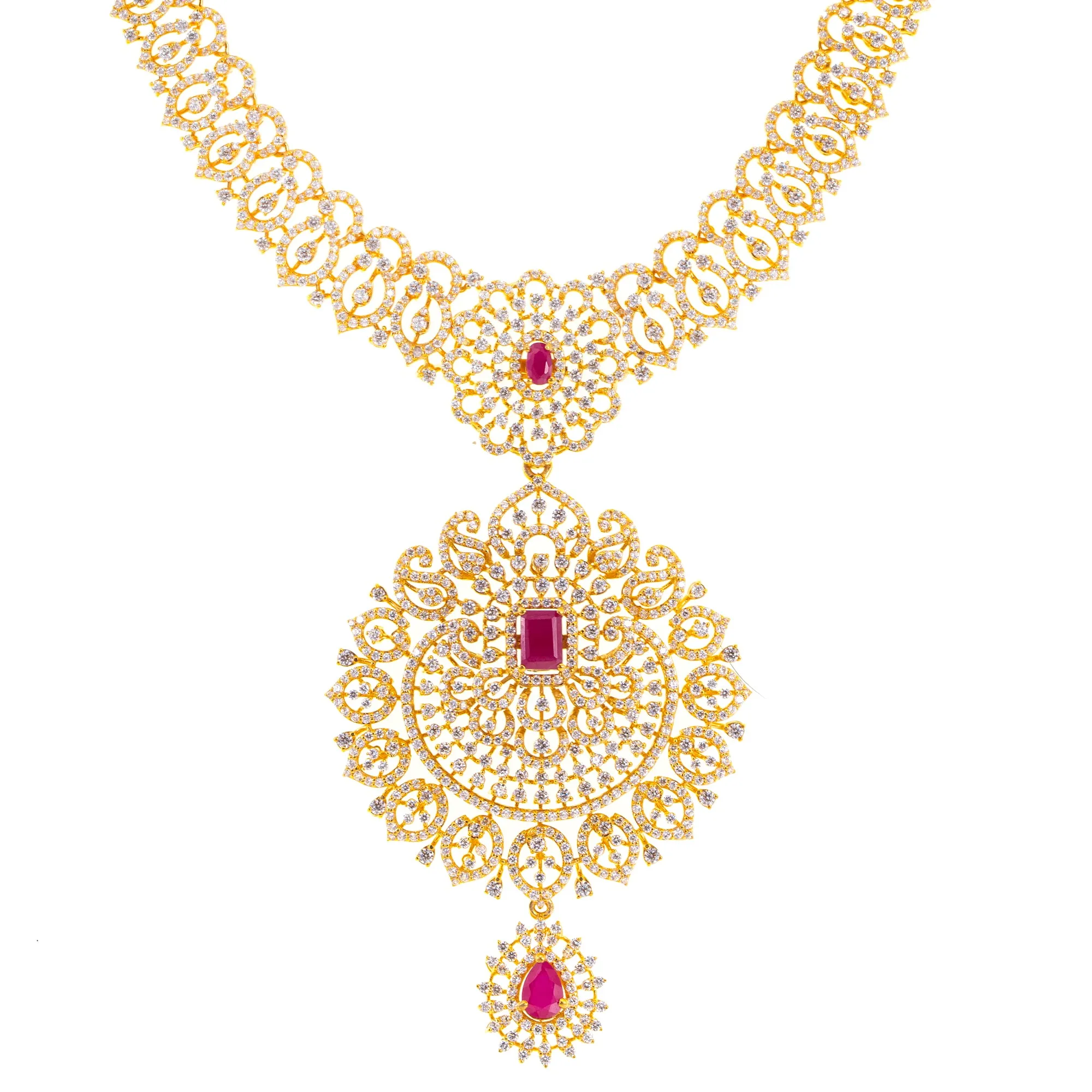 22K Yellow Gold, Ruby & CZ Necklace (95.4gm)