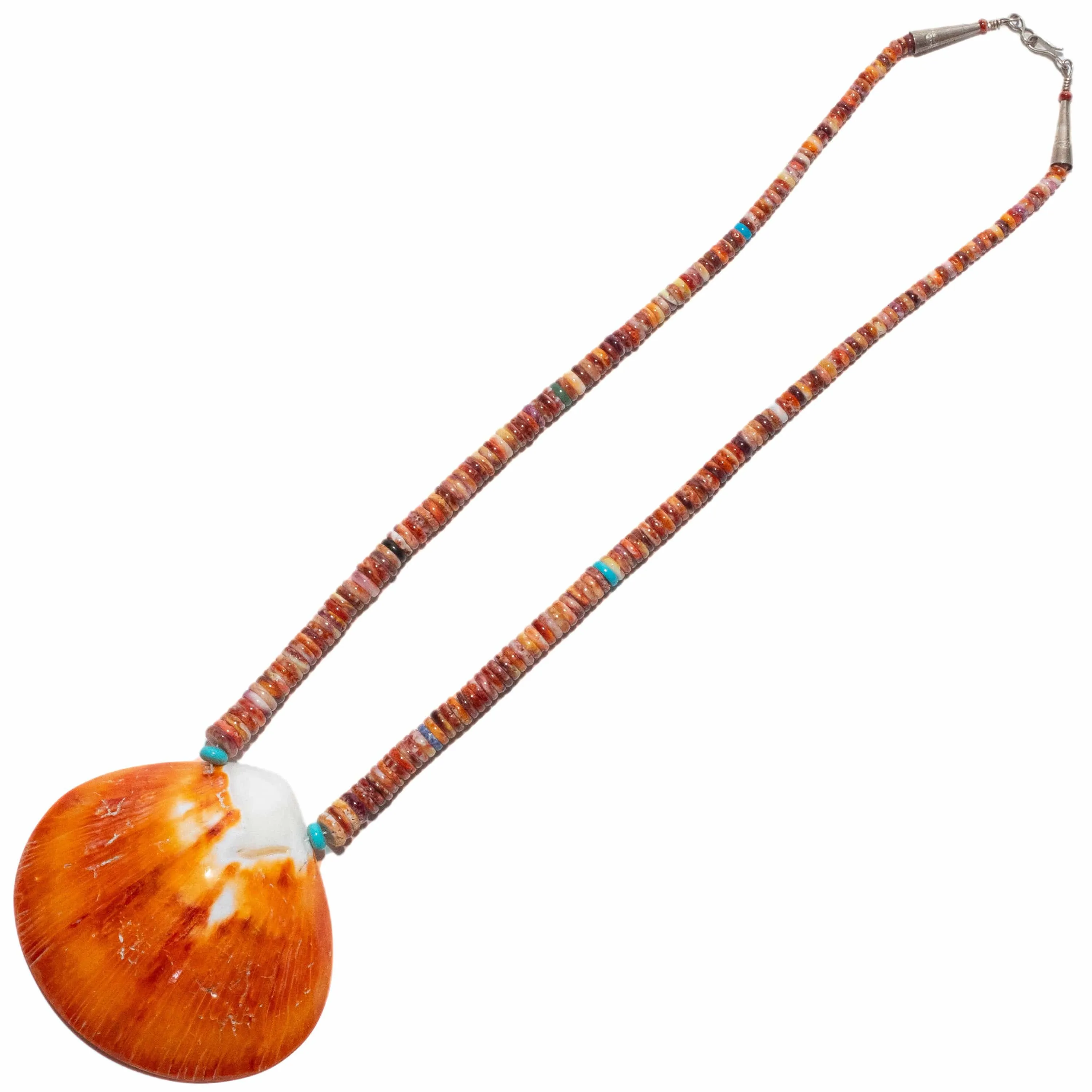 26 Orange Spiny Oyster Shell & Turquoise USA Native American Made 925 Sterling Silver Heishi Bead Necklace