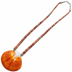 26 Orange Spiny Oyster Shell & Turquoise USA Native American Made 925 Sterling Silver Heishi Bead Necklace