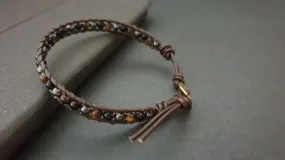 4 mm Hematite Onyx Tiger Eye Stone Woven Brown Leather Bracelet Anklet