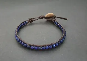 4mm Lapis Lazuli Brown Leather Wrap Bracelet Anklet, Leather Bracelet, Beaded Bracelet, Women Anklet , Unisex Bracelet,Men Bracelet