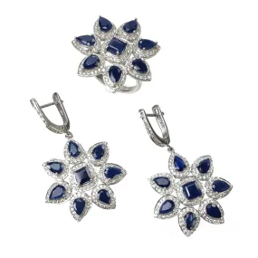 925 Sterling Silver Jewelry : Natural Blue Sapphire Gemstone & CZ Flower Designer Ring Earrings Jewelry Set For Wedding Bridal