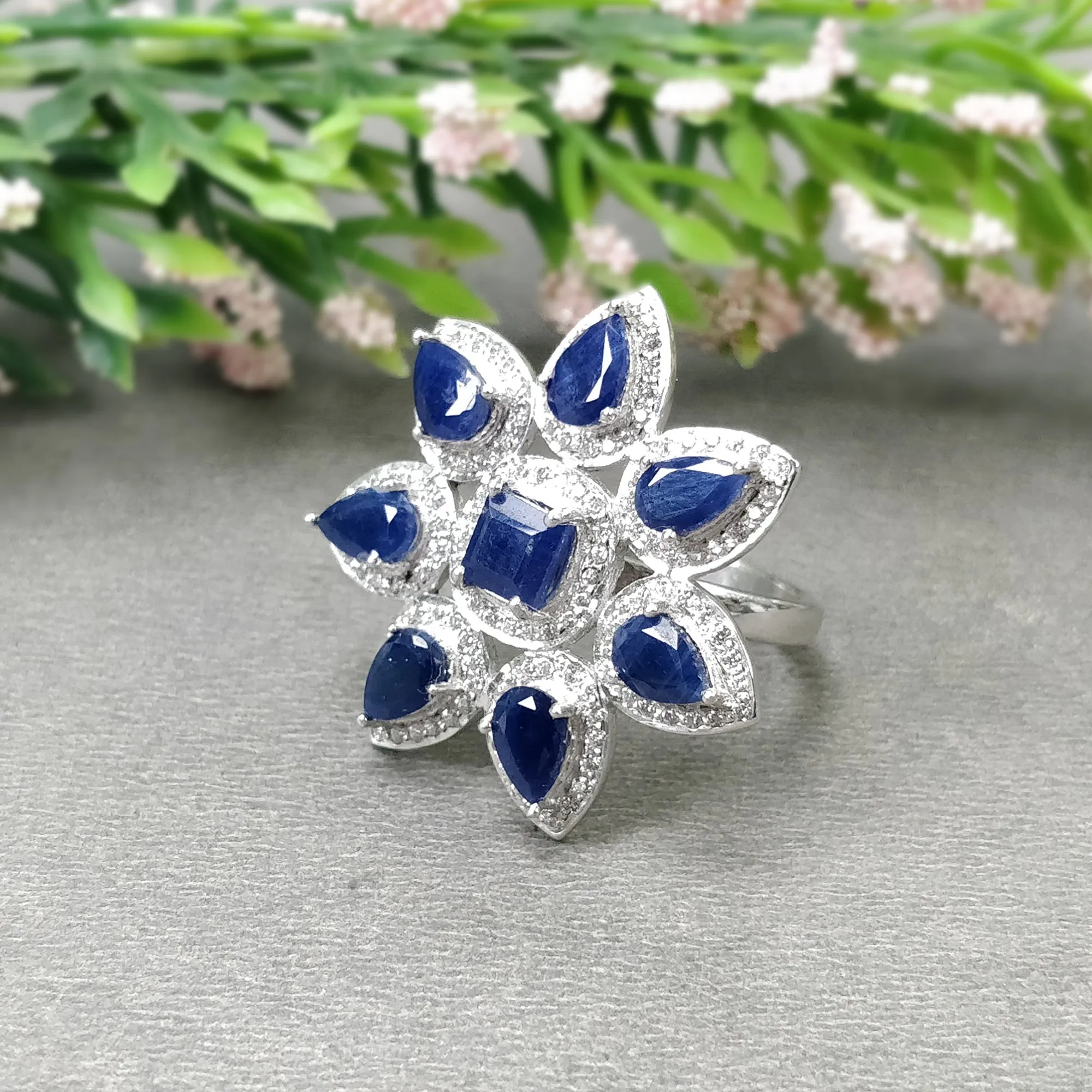 925 Sterling Silver Jewelry : Natural Blue Sapphire Gemstone & CZ Flower Designer Ring Earrings Jewelry Set For Wedding Bridal