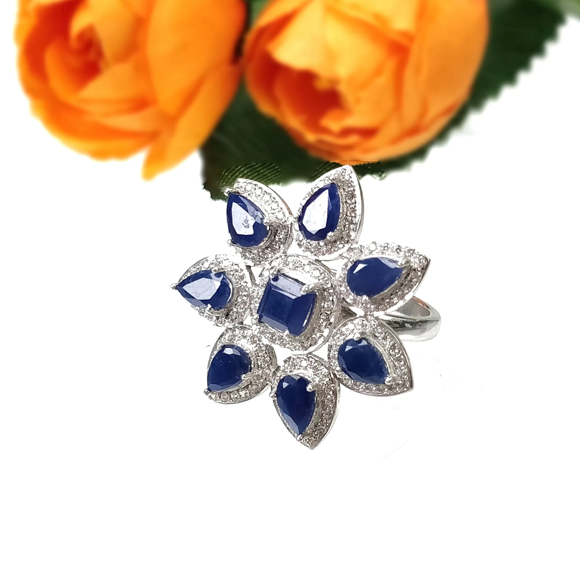 925 Sterling Silver Jewelry : Natural Blue Sapphire Gemstone & CZ Flower Designer Ring Earrings Jewelry Set For Wedding Bridal