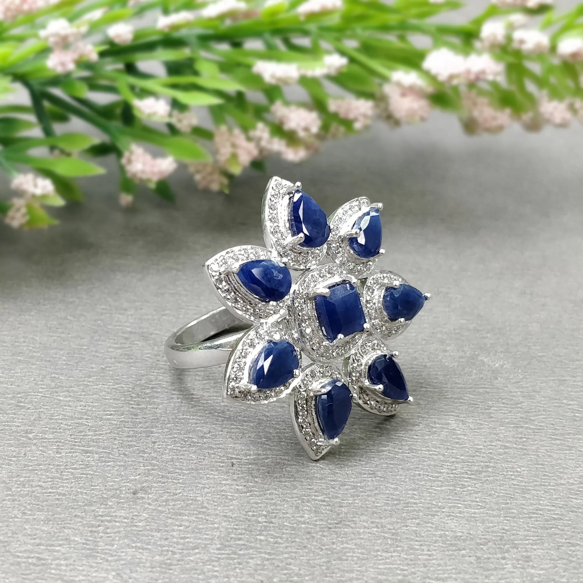 925 Sterling Silver Jewelry : Natural Blue Sapphire Gemstone & CZ Flower Designer Ring Earrings Jewelry Set For Wedding Bridal