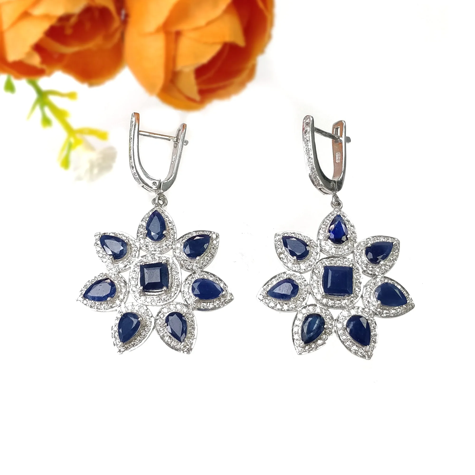 925 Sterling Silver Jewelry : Natural Blue Sapphire Gemstone & CZ Flower Designer Ring Earrings Jewelry Set For Wedding Bridal