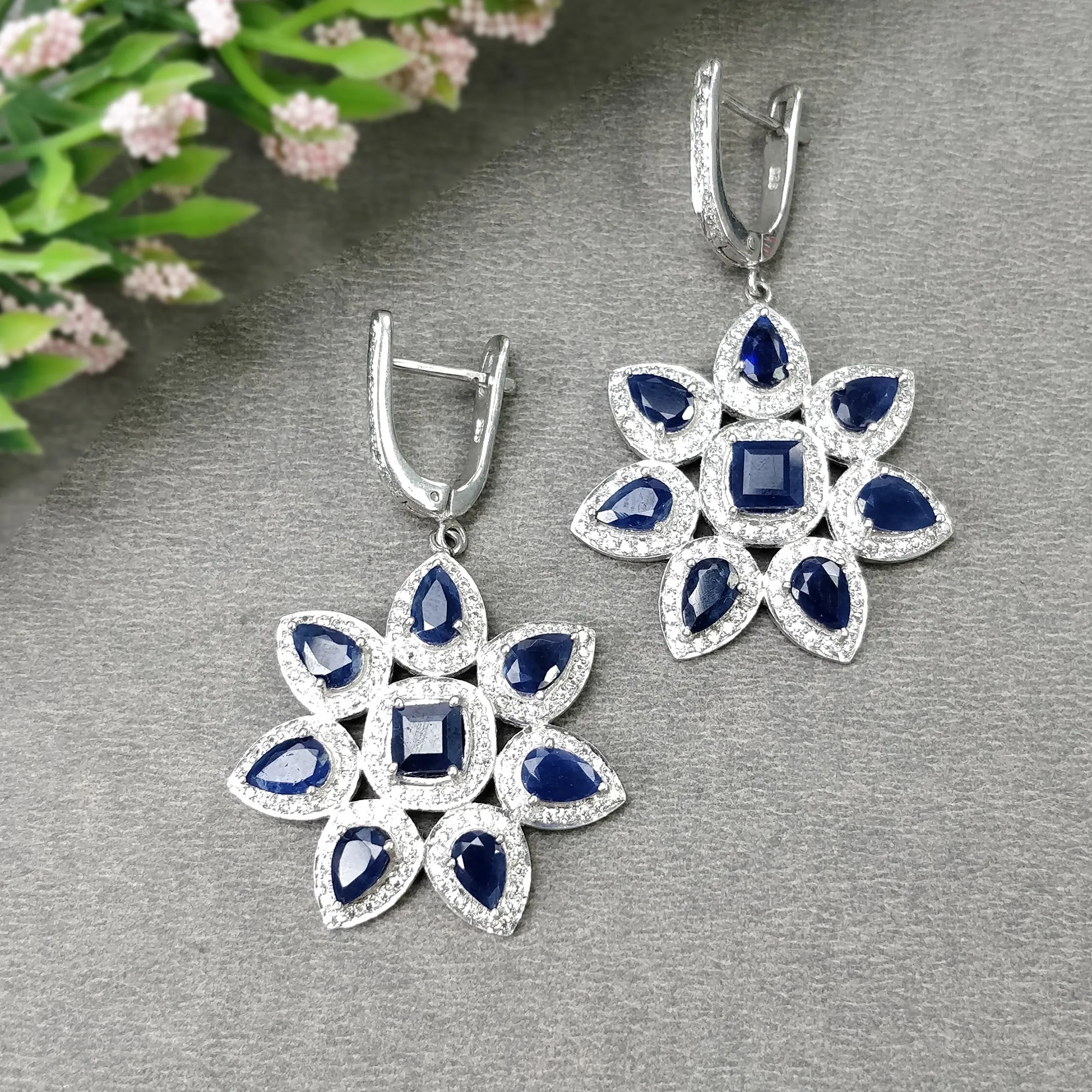 925 Sterling Silver Jewelry : Natural Blue Sapphire Gemstone & CZ Flower Designer Ring Earrings Jewelry Set For Wedding Bridal