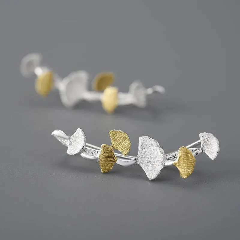 925 Sterling Silver LFJA0137 - Delicate Ginkgo Leaves Stud Earring Charm Jewelry