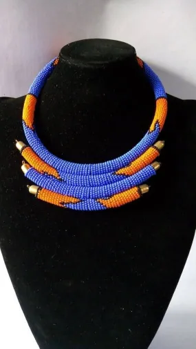 African Blue and Orange Beaded layered necklace, Statement necklace, Maasai jewelry