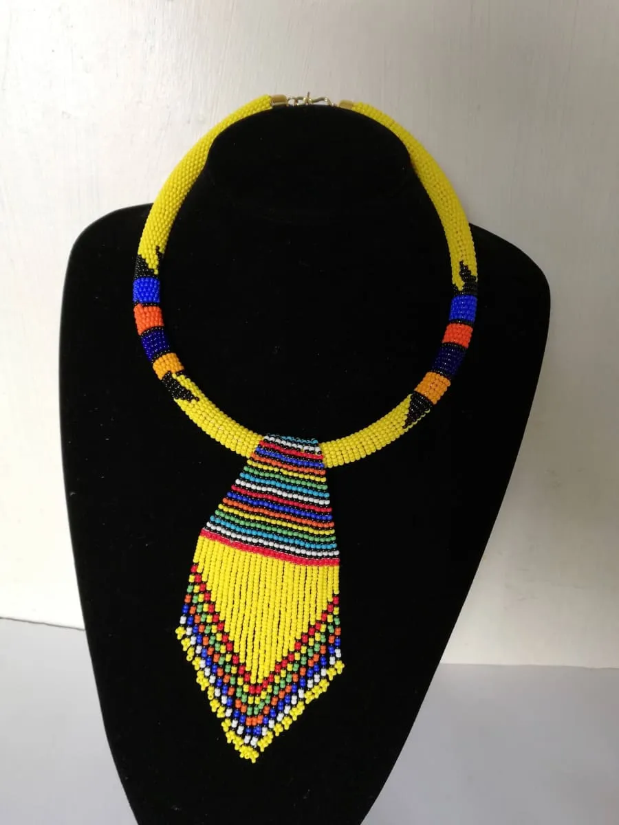 African Yellow fringe pendant necklace, Tribal Zulu beaded necklace, Maasai jewelry