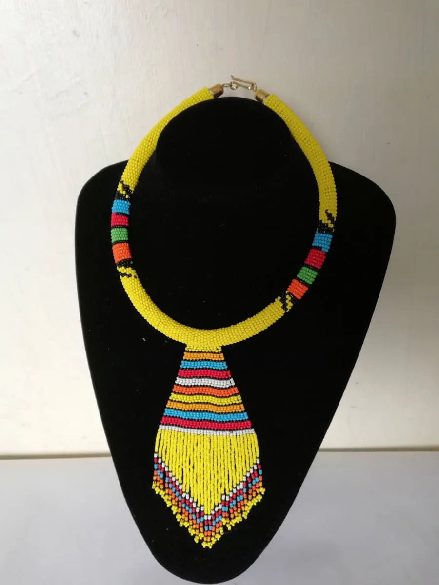 African Yellow fringe pendant necklace, Tribal Zulu beaded necklace, Maasai jewelry