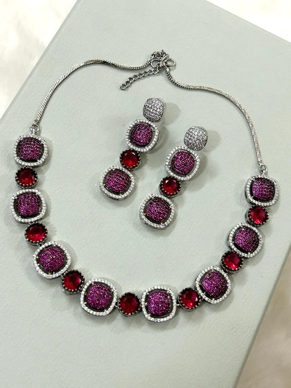 Alectrona , Micro setting rubies Red Zircon Diamond single layer necklace with matching pair of earrings in platinum finish-LR001RRNS