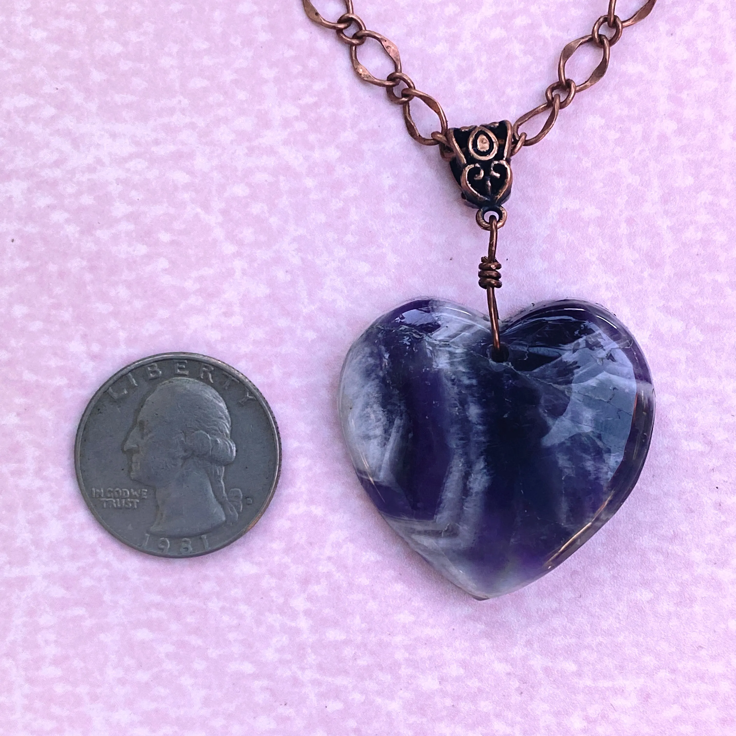 Amethyst Heart on Brass Heart Chain