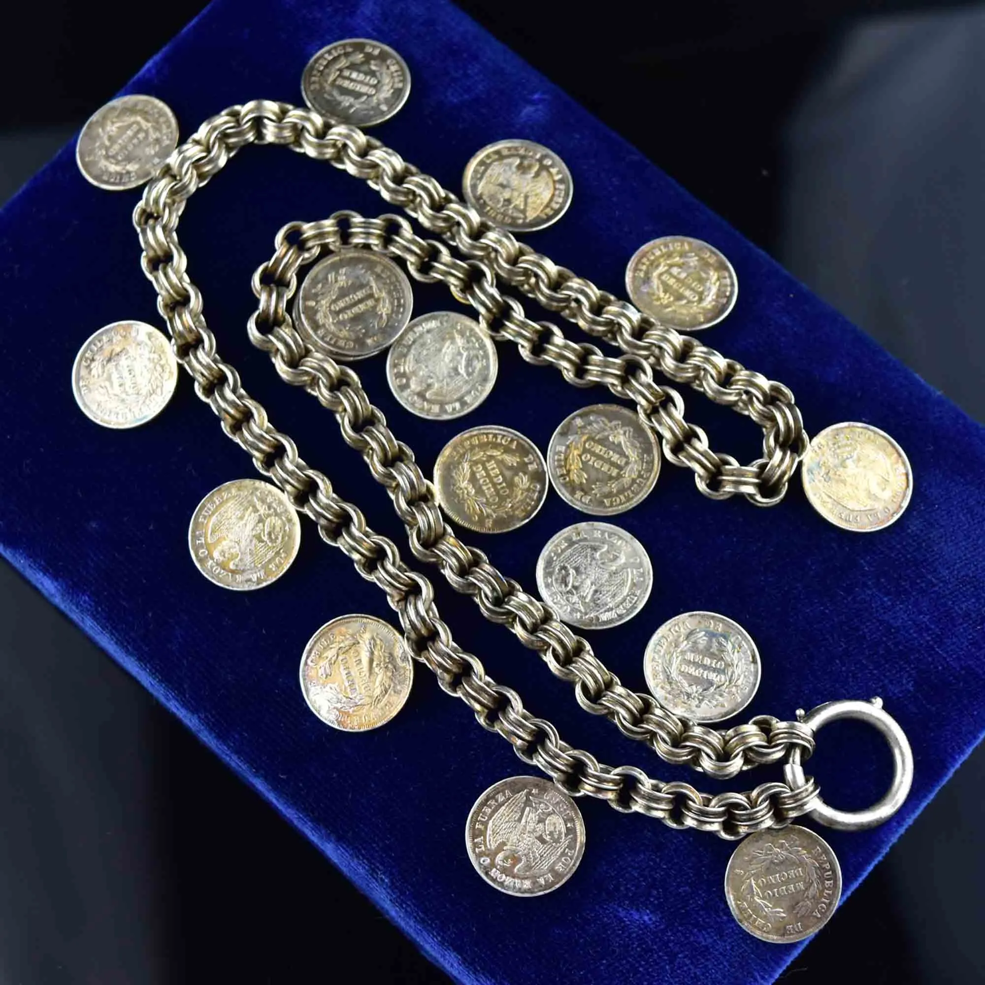 Antique 1869 Chile Coin Silver Watch Chain Necklace