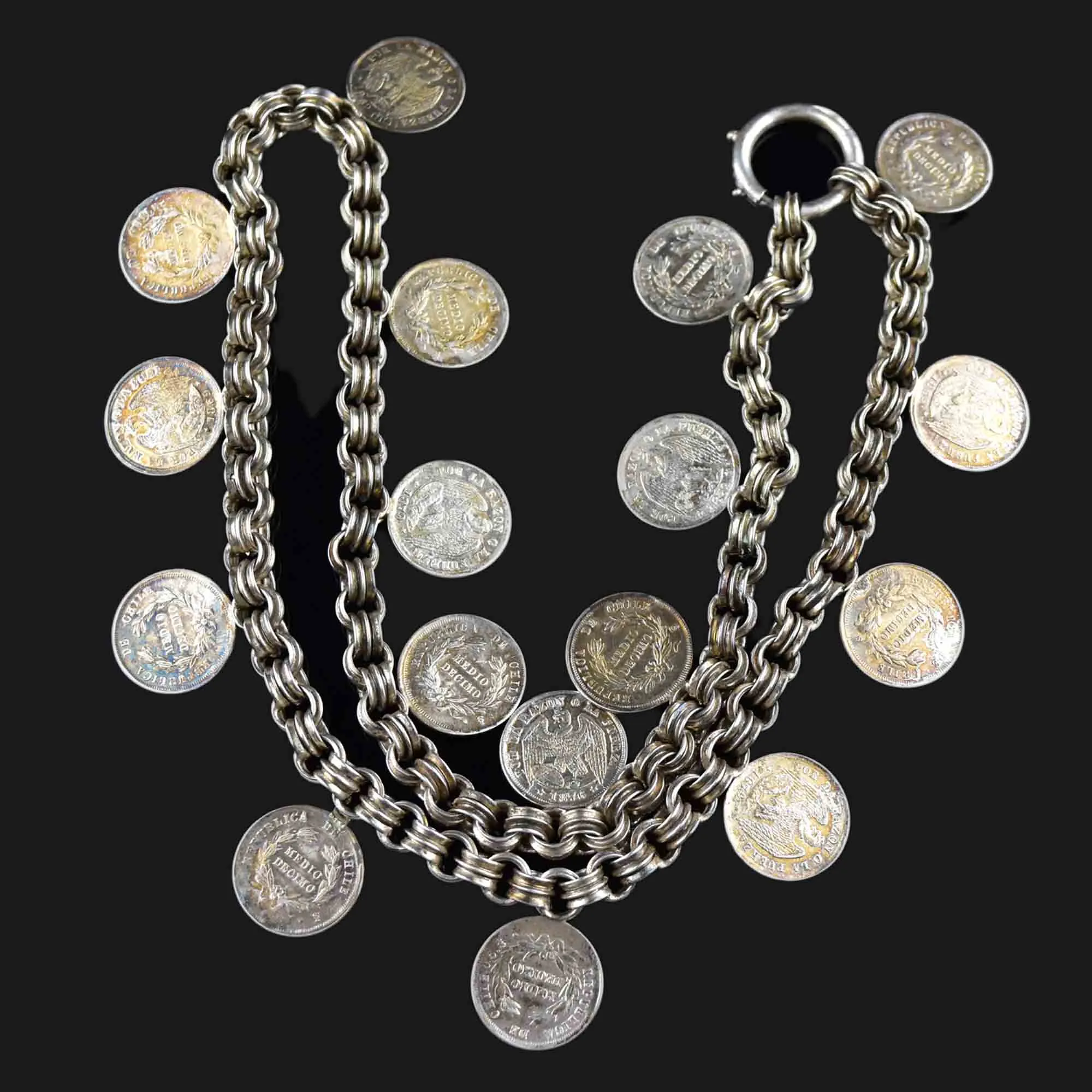 Antique 1869 Chile Coin Silver Watch Chain Necklace