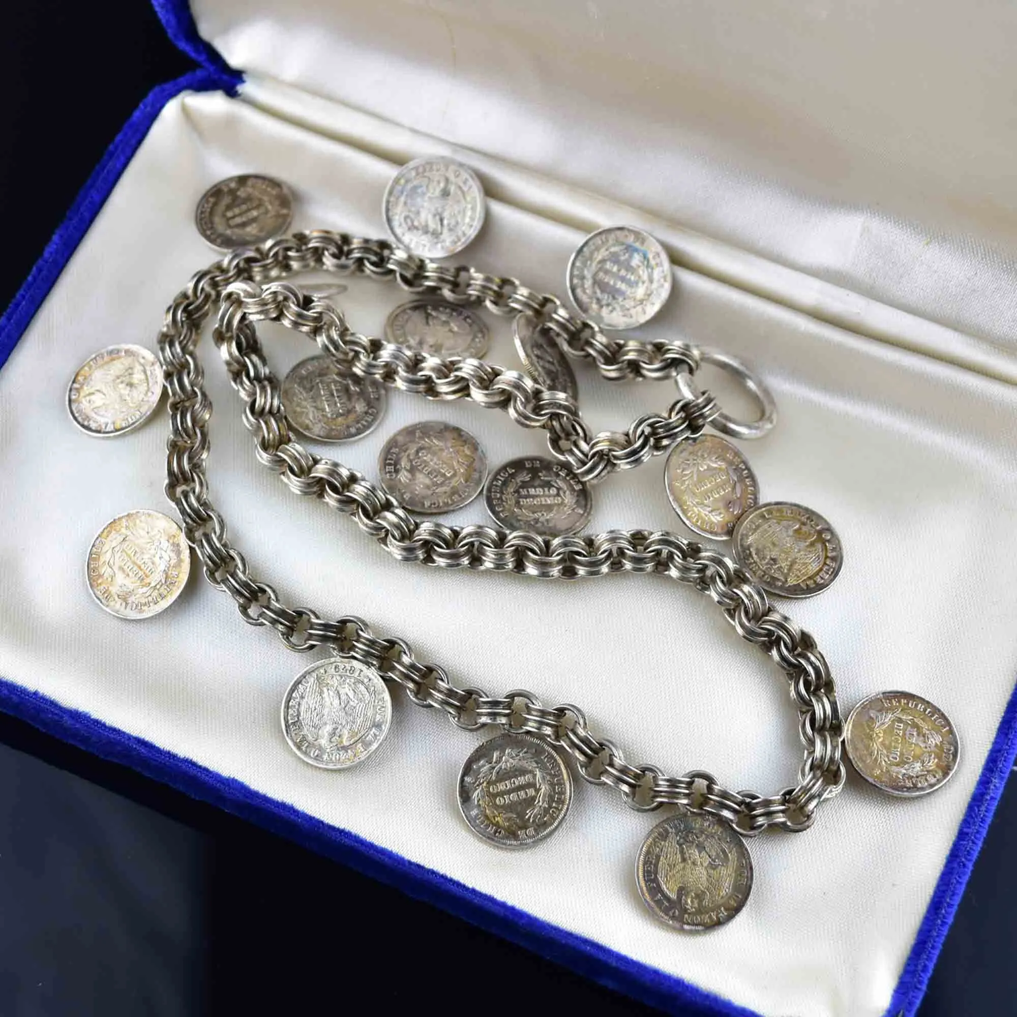 Antique 1869 Chile Coin Silver Watch Chain Necklace