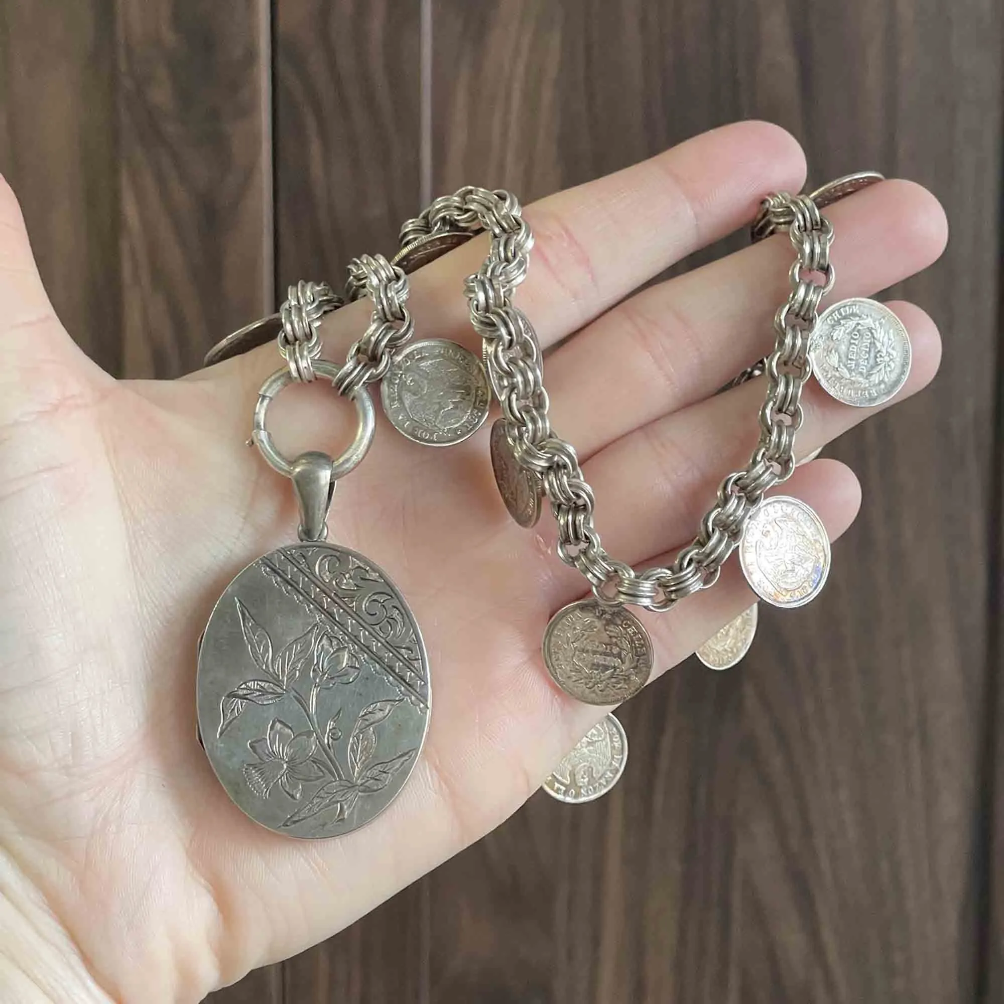 Antique 1869 Chile Coin Silver Watch Chain Necklace