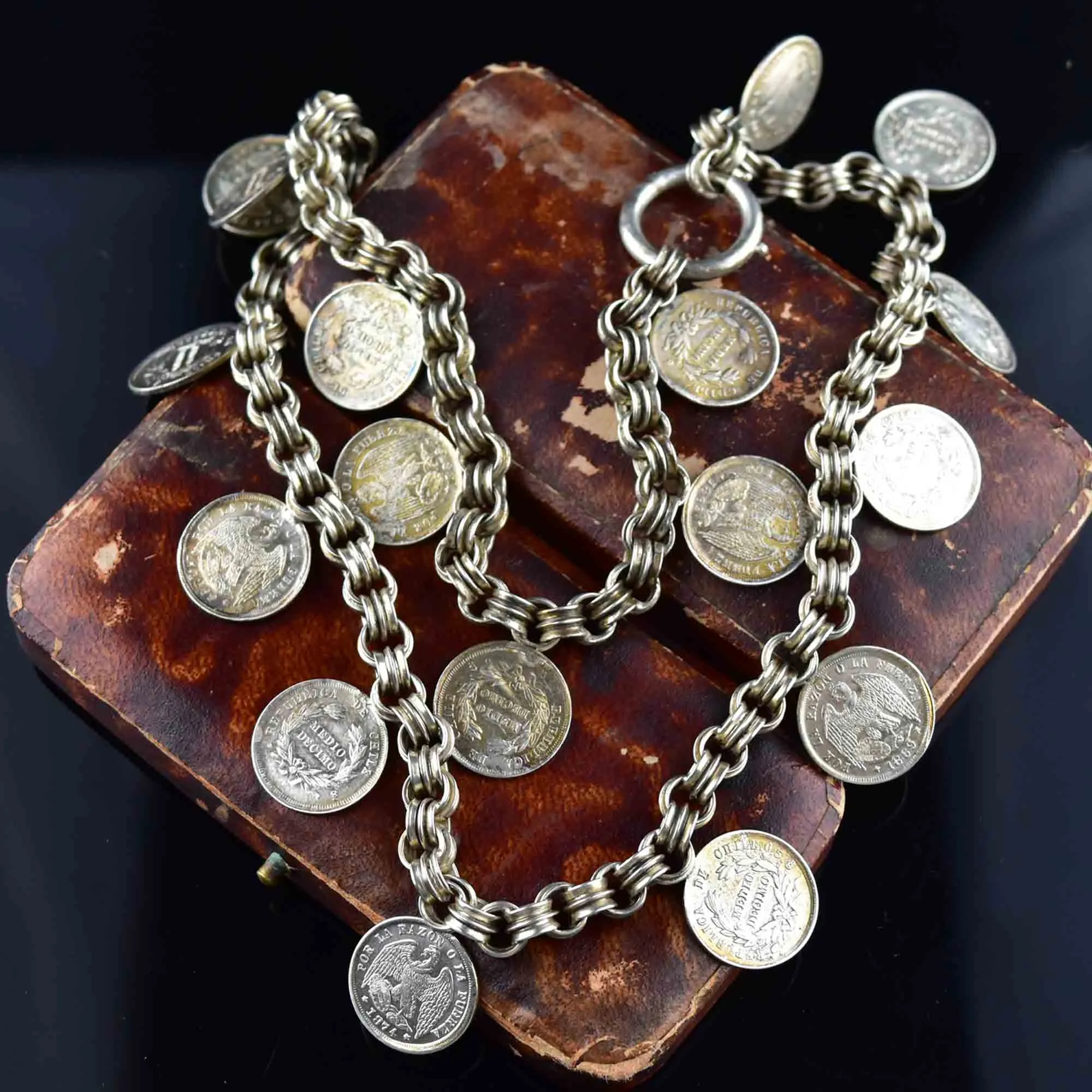 Antique 1869 Chile Coin Silver Watch Chain Necklace