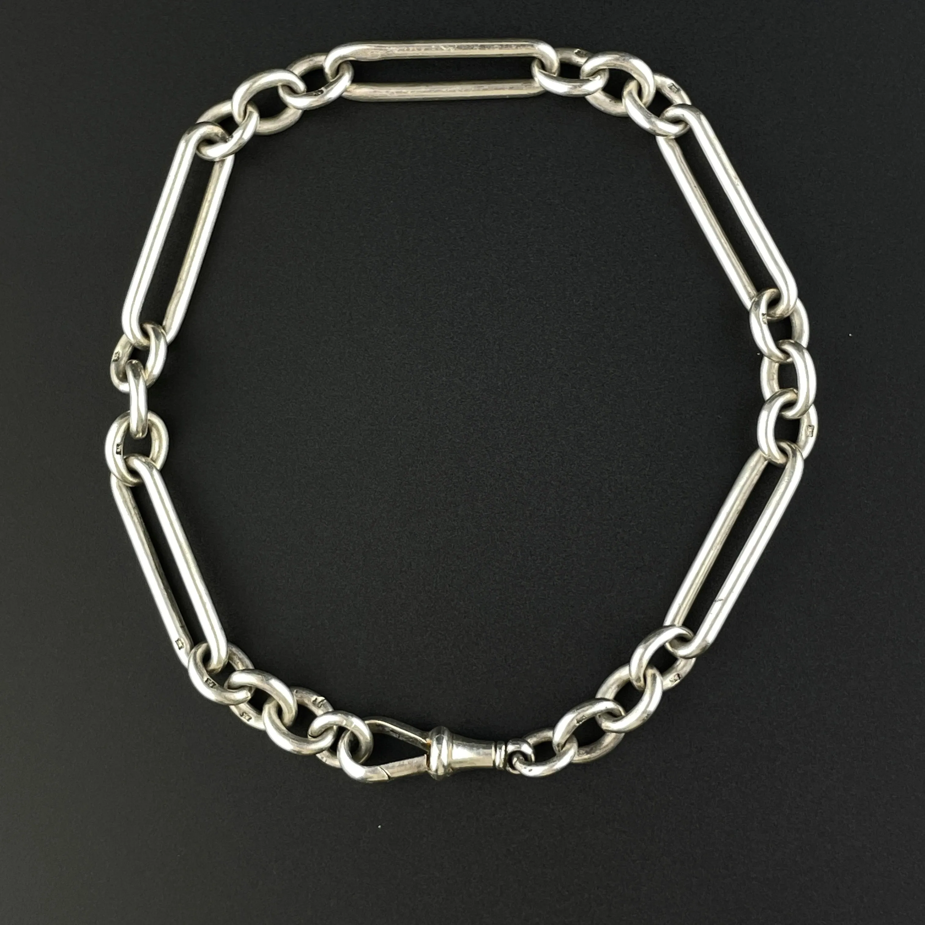 Antique Silver Chester Trombone Link Watch Chain Bracelet