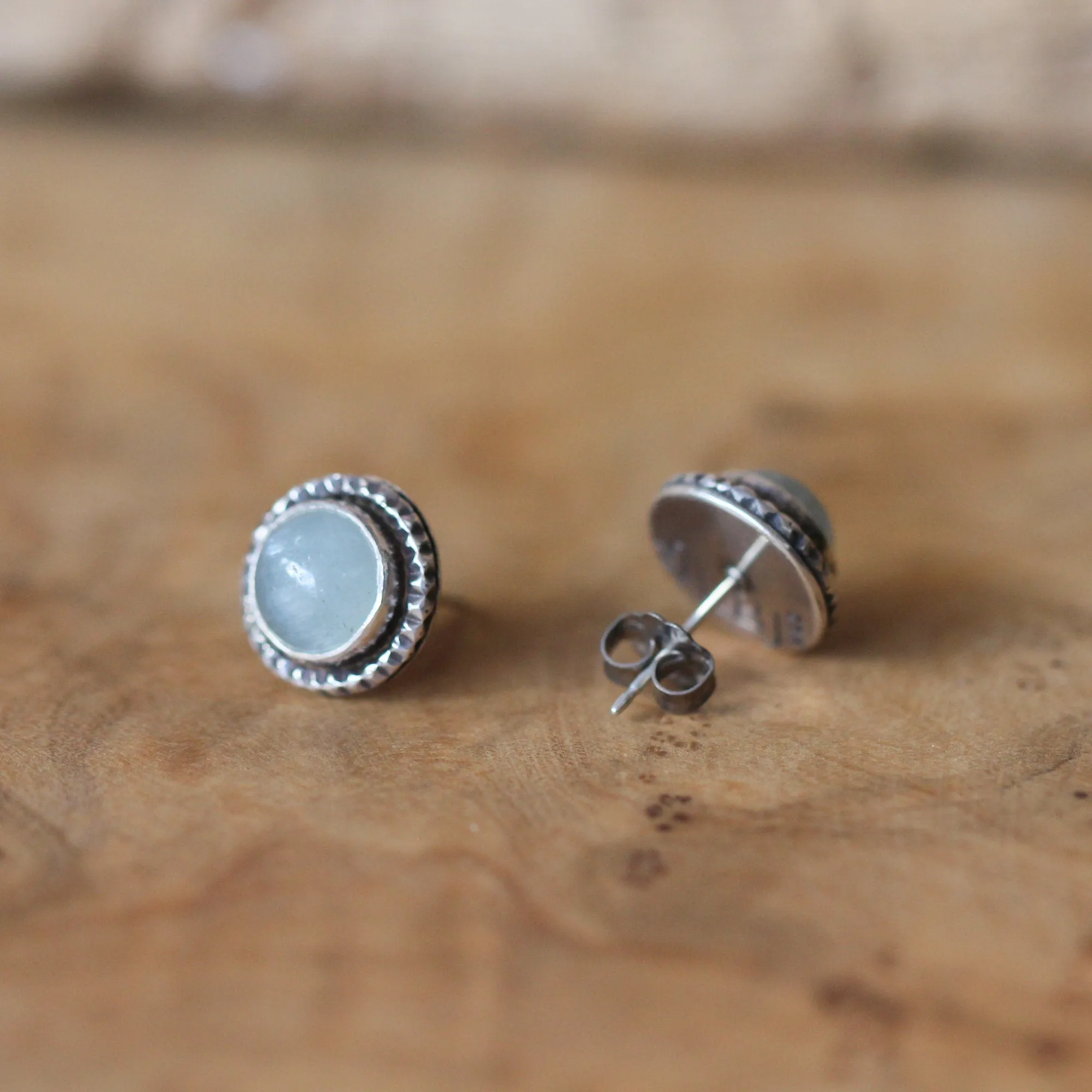 Aquamarine Posts - Hammered Aquamarine Earrings - Aquamarine Studs - .925 Sterling Silver