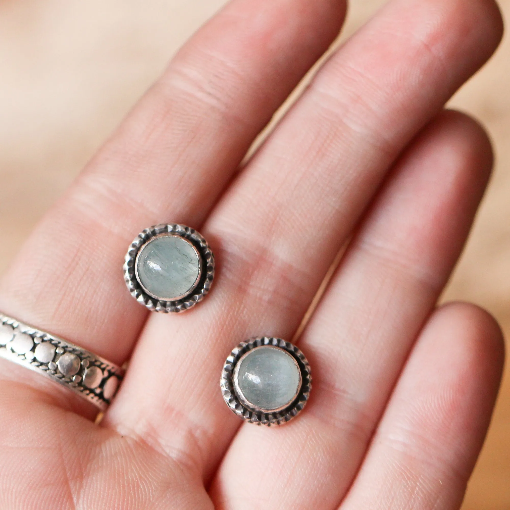 Aquamarine Posts - Hammered Aquamarine Earrings - Aquamarine Studs - .925 Sterling Silver