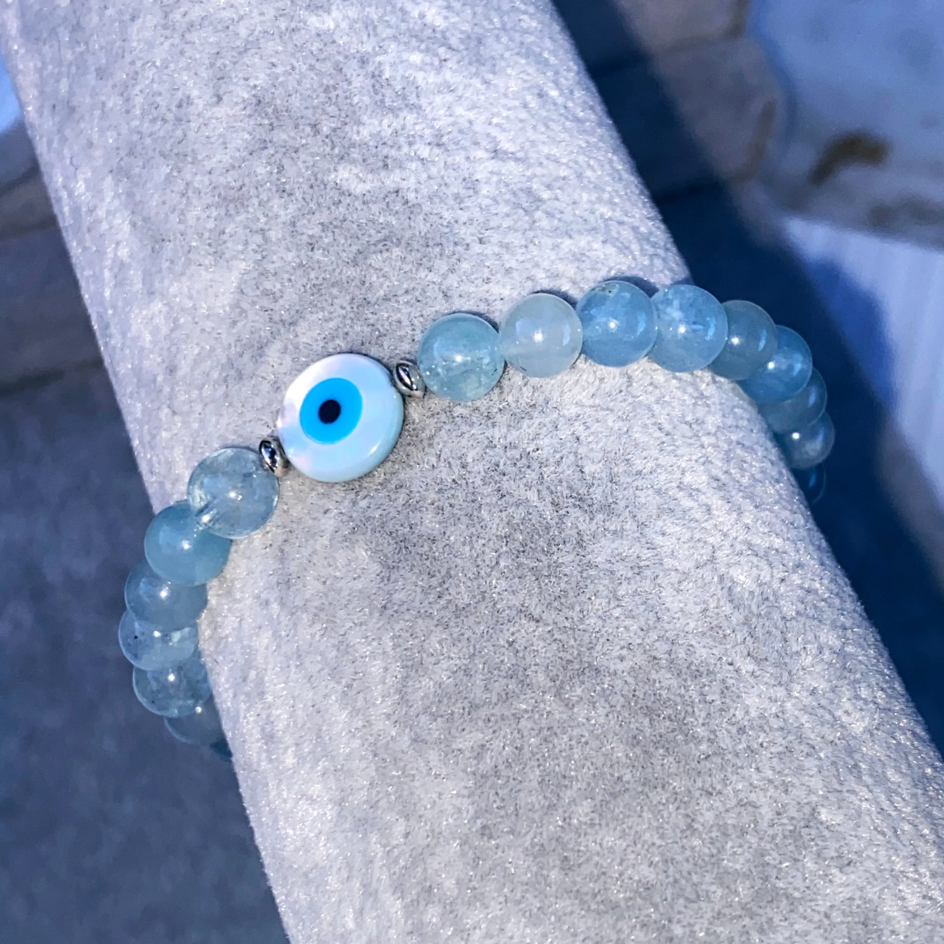 Aquamarine with Mother of Pearl Evil Eye stretch Bracelet