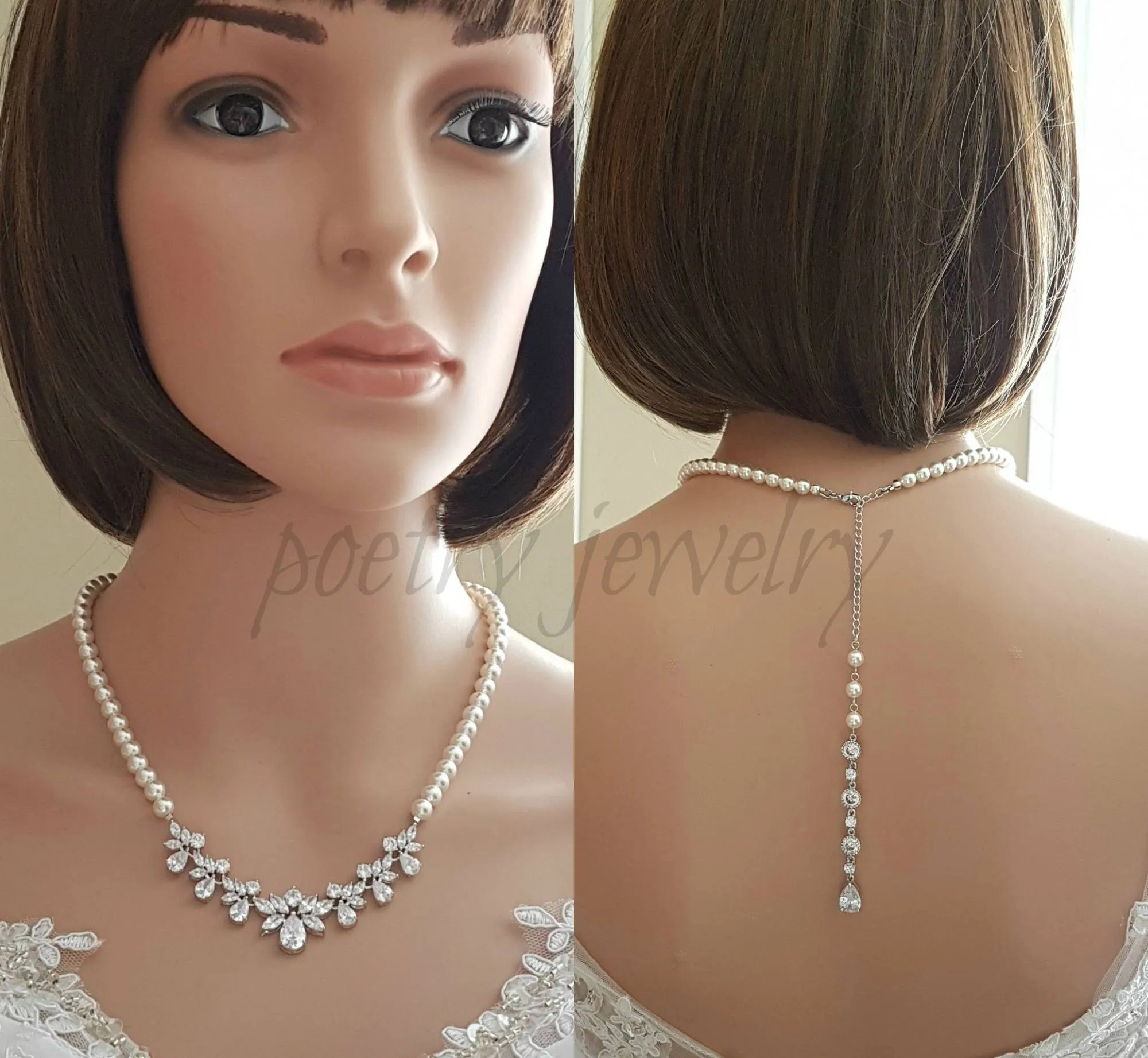 Back Bridal Necklace, Crystal and Pearl Wedding Necklace, Wedding Back Necklace, Necklace with Backdrop, Back Bridal Jewelry, Nicole