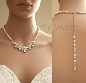 Back Bridal Necklace, Crystal and Pearl Wedding Necklace, Wedding Back Necklace, Necklace with Backdrop, Back Bridal Jewelry, Nicole