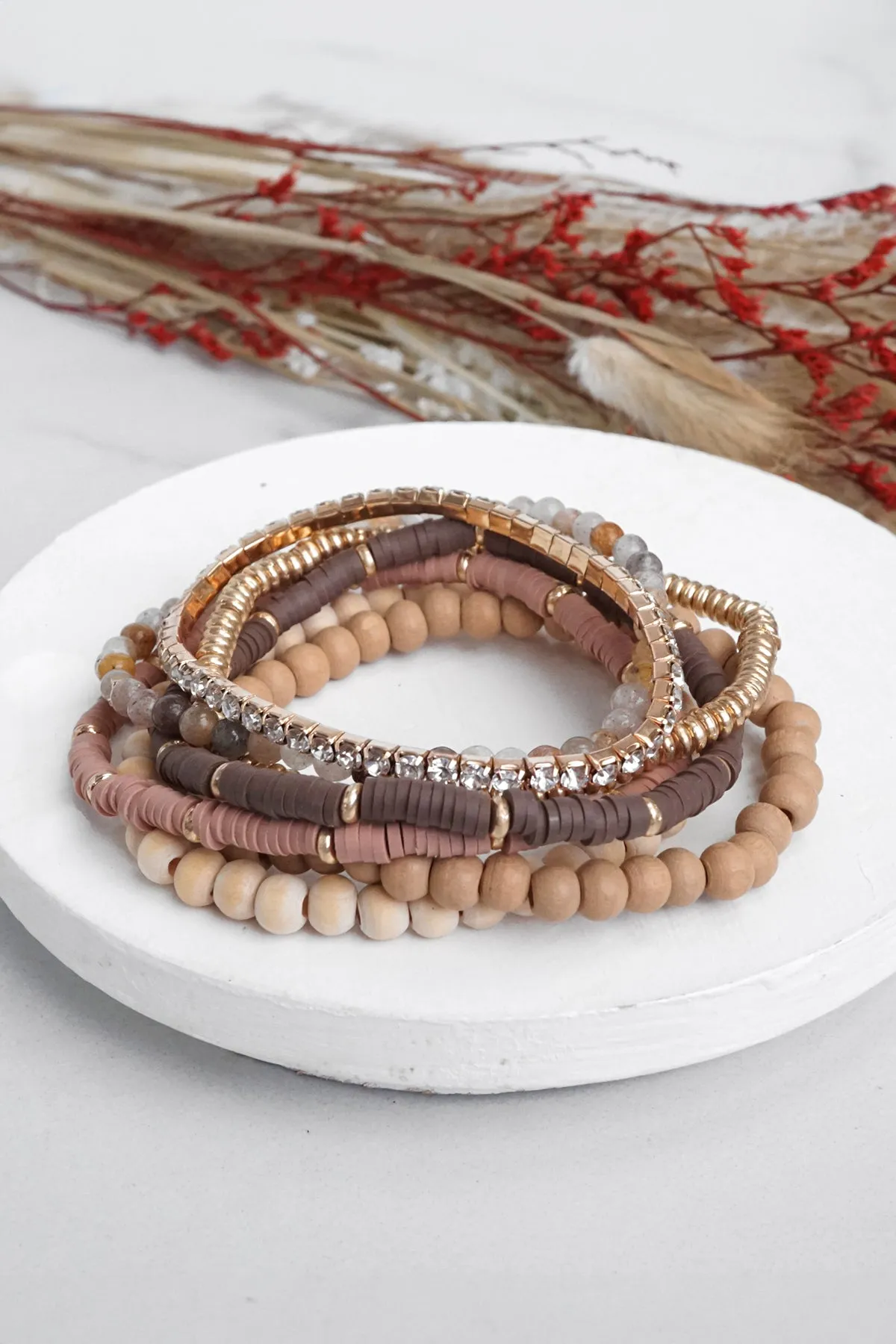 Beaded Bracelets stack of 7 in Neutral tones