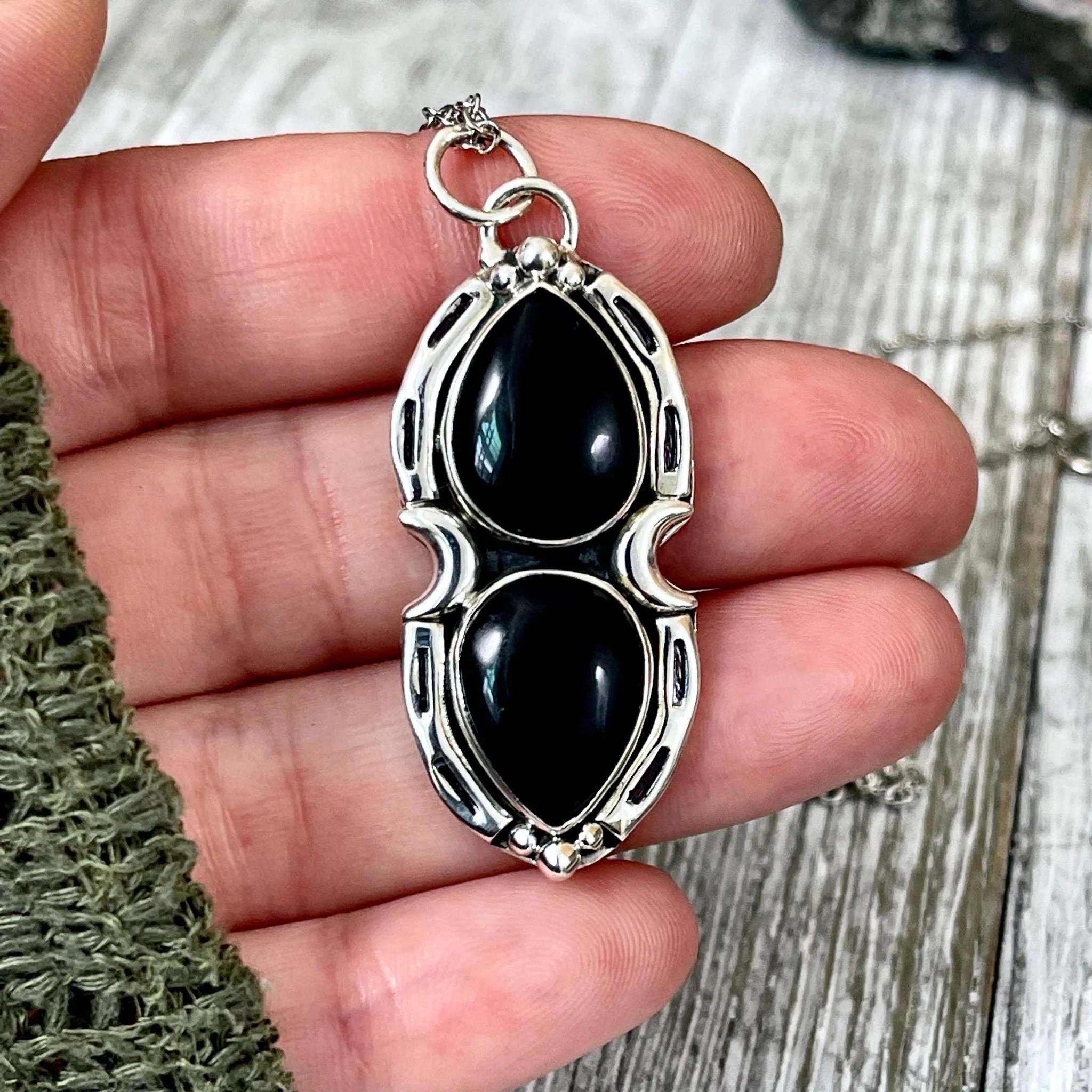 Black Onyx Mystic Moon Crystal Statement Necklace in Sterling Silver / Designed by FOXLARK Collection