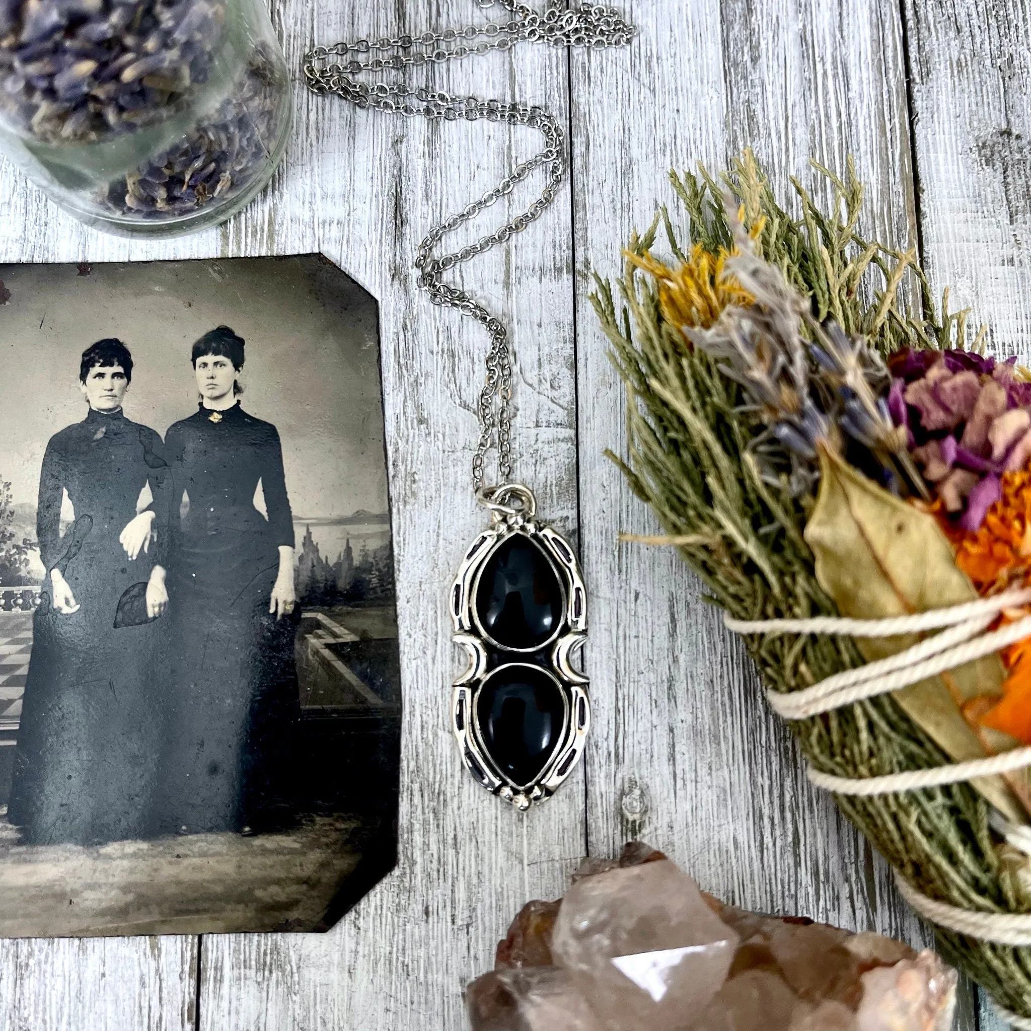 Black Onyx Mystic Moon Crystal Statement Necklace in Sterling Silver / Designed by FOXLARK Collection