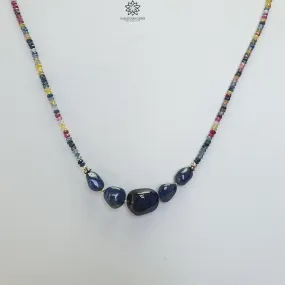 Blue & Multi Sapphire Beads Necklace : 13.87gms Natural Untreated Sapphire 925 Sterling Silver Single Strand Faceted Beaded Necklace 18"