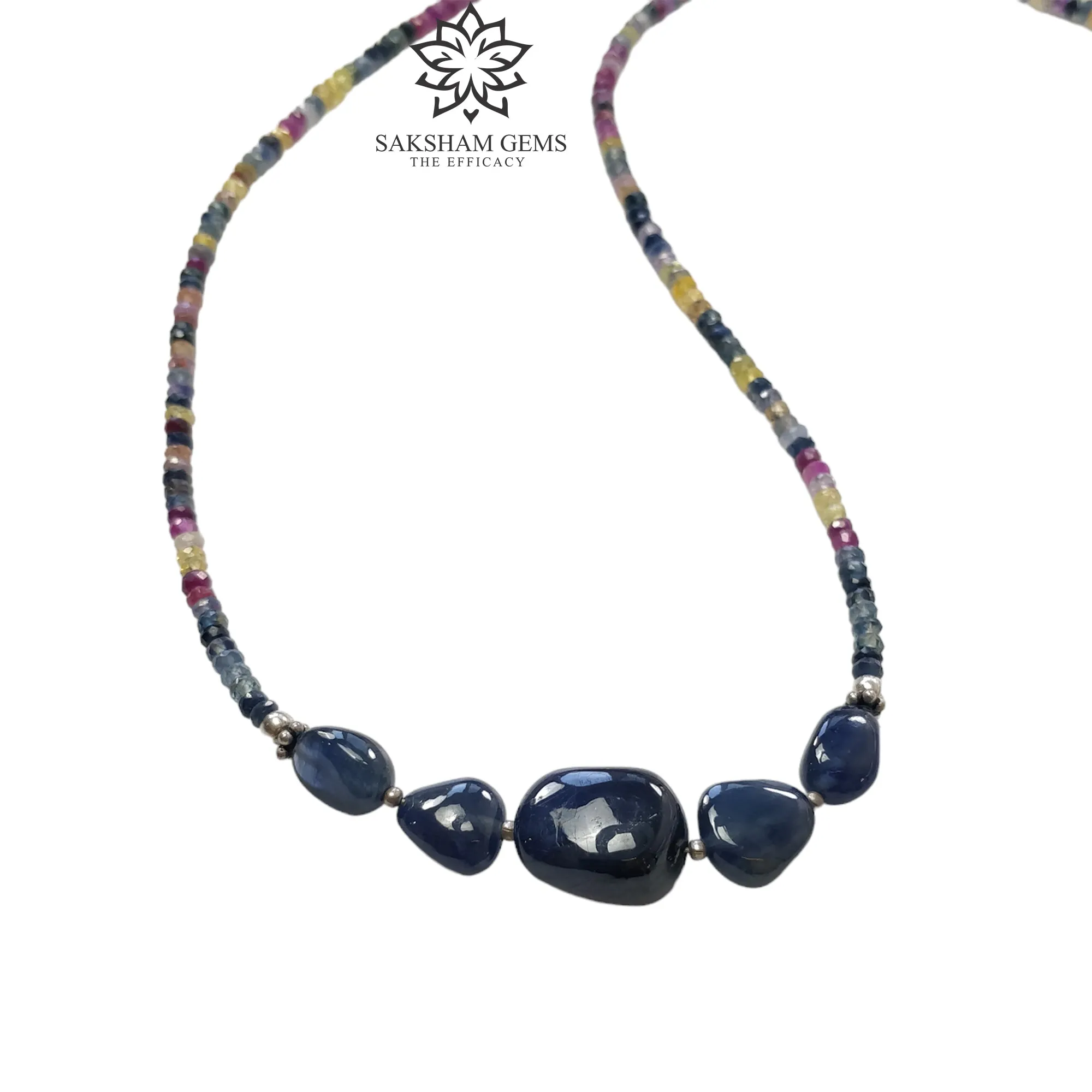 Blue & Multi Sapphire Beads Necklace : 13.87gms Natural Untreated Sapphire 925 Sterling Silver Single Strand Faceted Beaded Necklace 18"