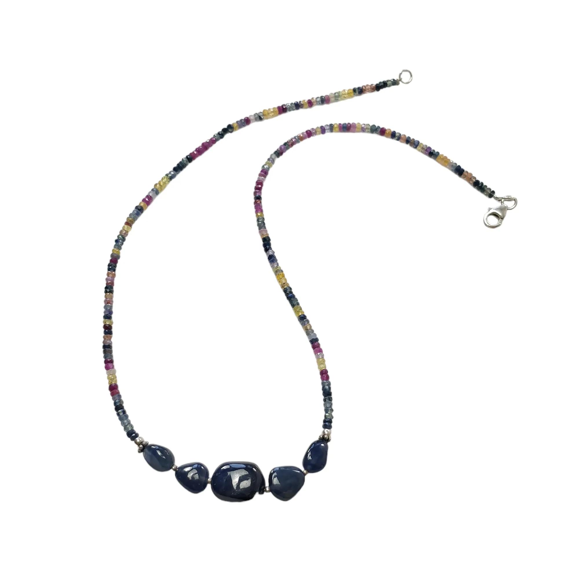 Blue & Multi Sapphire Beads Necklace : 13.87gms Natural Untreated Sapphire 925 Sterling Silver Single Strand Faceted Beaded Necklace 18"