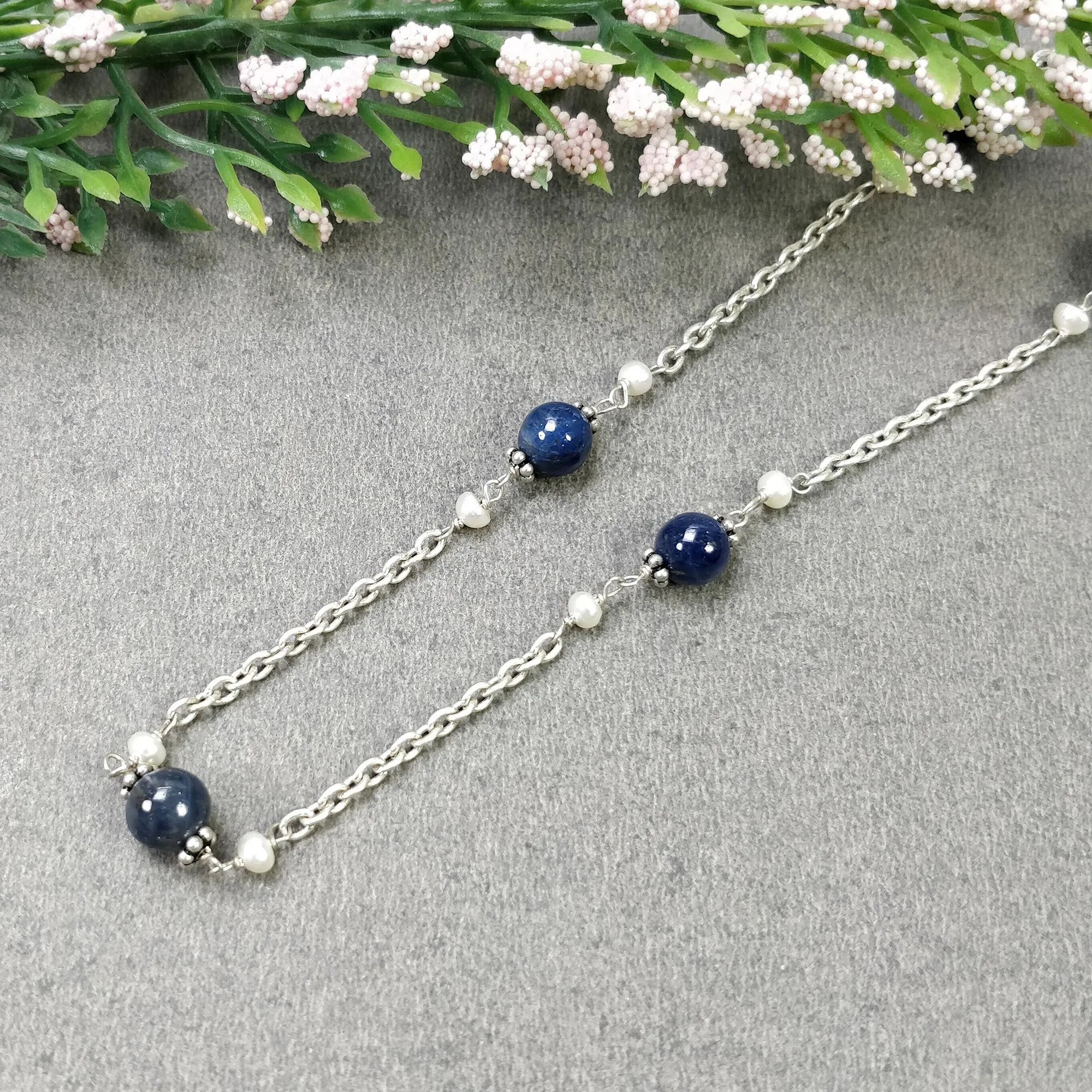 BLUE SAPPHIRE PEARL Silver Chain Necklace : 18" Natural Blue Sapphire Round Balls Pearl Beads Silver Chain Necklace Gift for Her