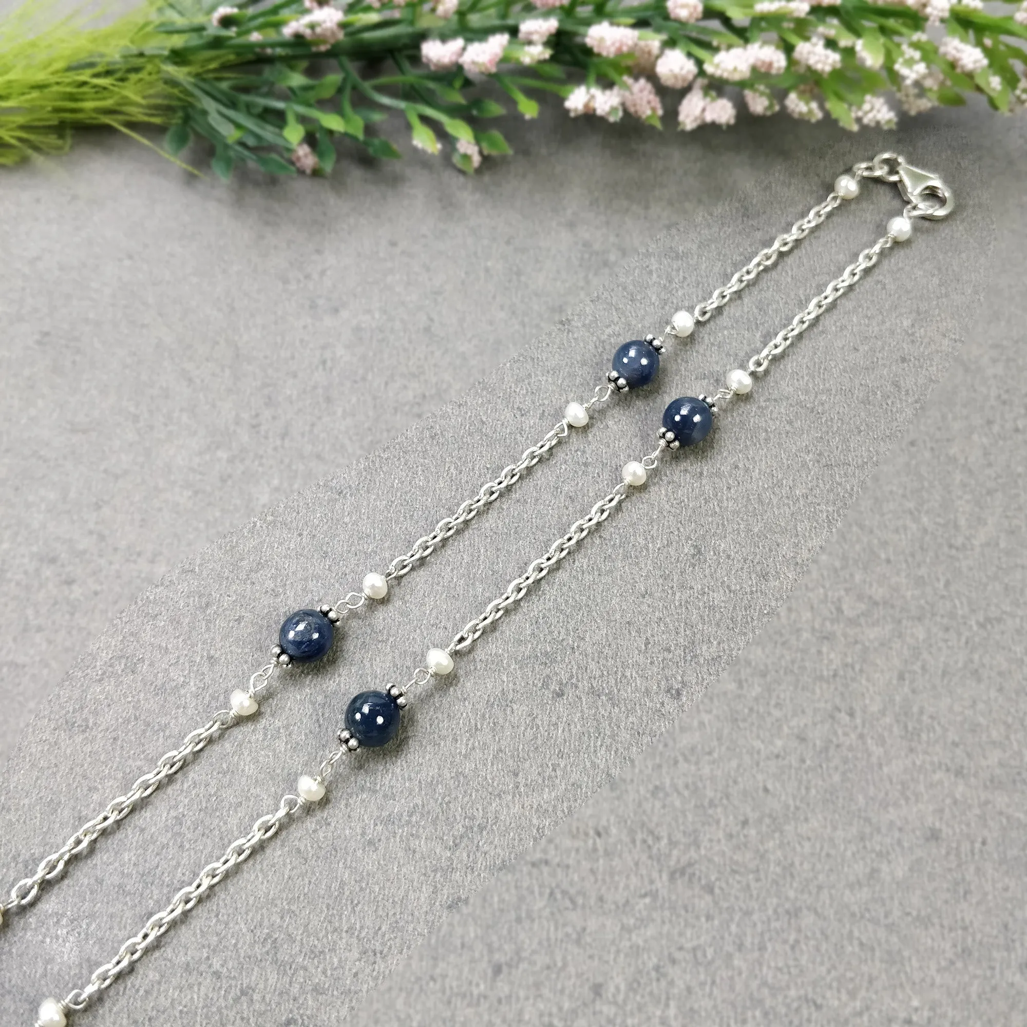 BLUE SAPPHIRE PEARL Silver Chain Necklace : 18" Natural Blue Sapphire Round Balls Pearl Beads Silver Chain Necklace Gift for Her