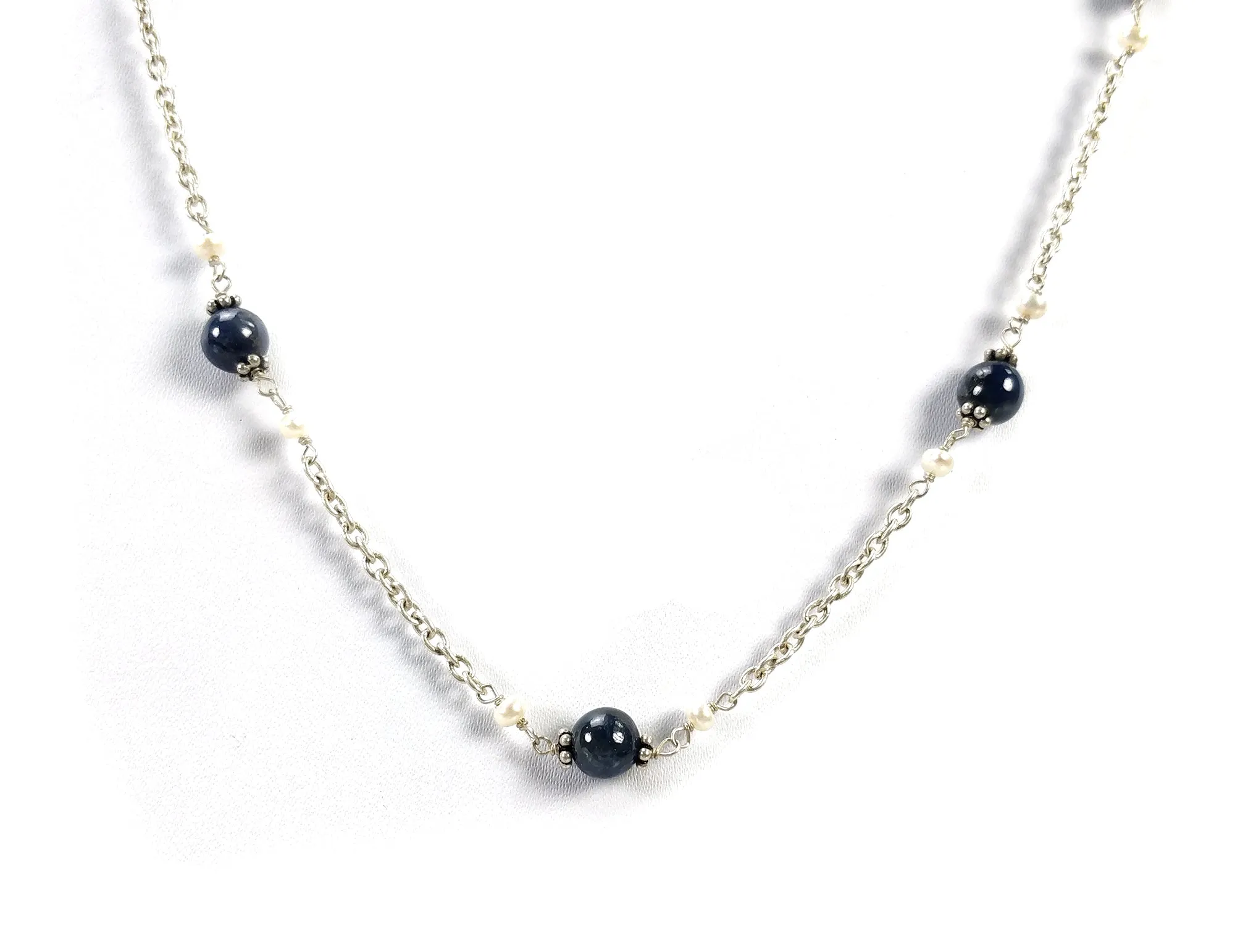 BLUE SAPPHIRE PEARL Silver Chain Necklace : 18" Natural Blue Sapphire Round Balls Pearl Beads Silver Chain Necklace Gift for Her