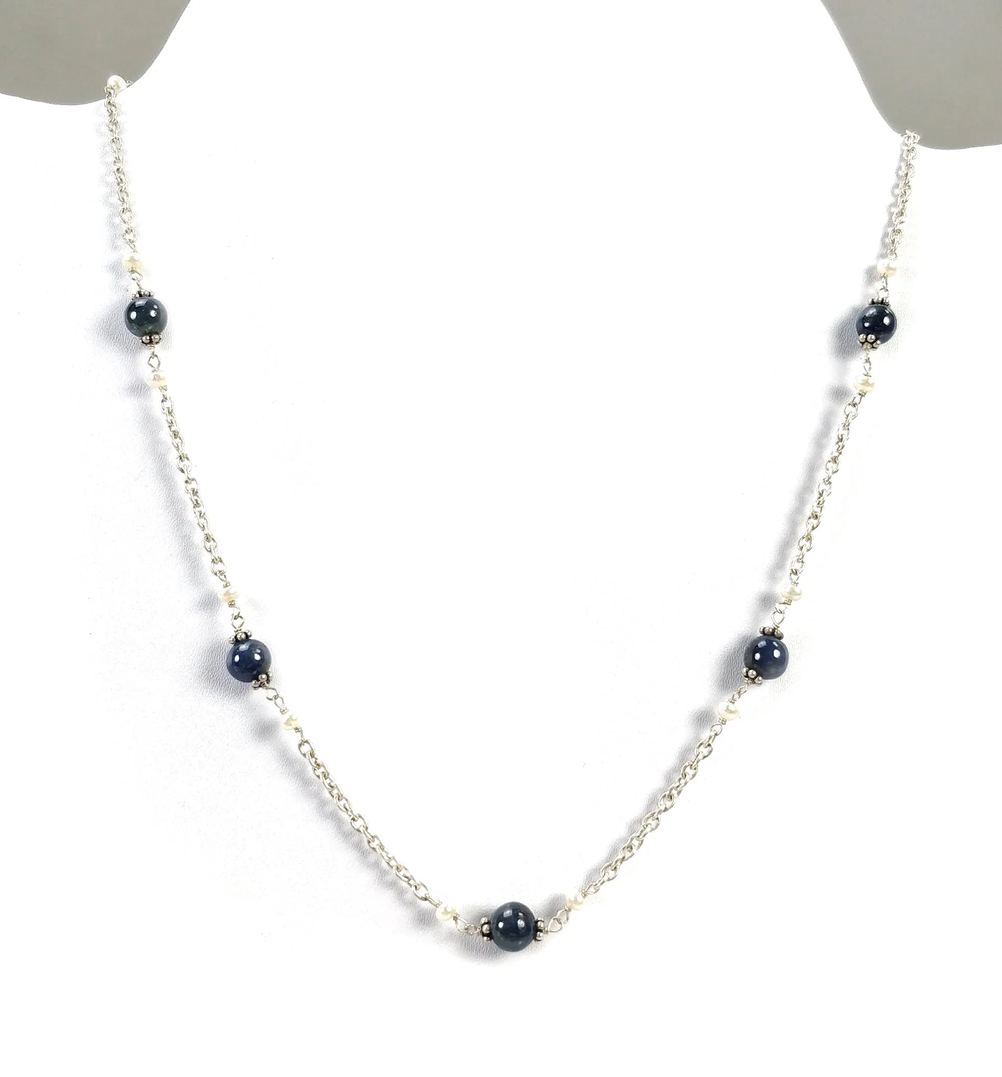 BLUE SAPPHIRE PEARL Silver Chain Necklace : 18" Natural Blue Sapphire Round Balls Pearl Beads Silver Chain Necklace Gift for Her