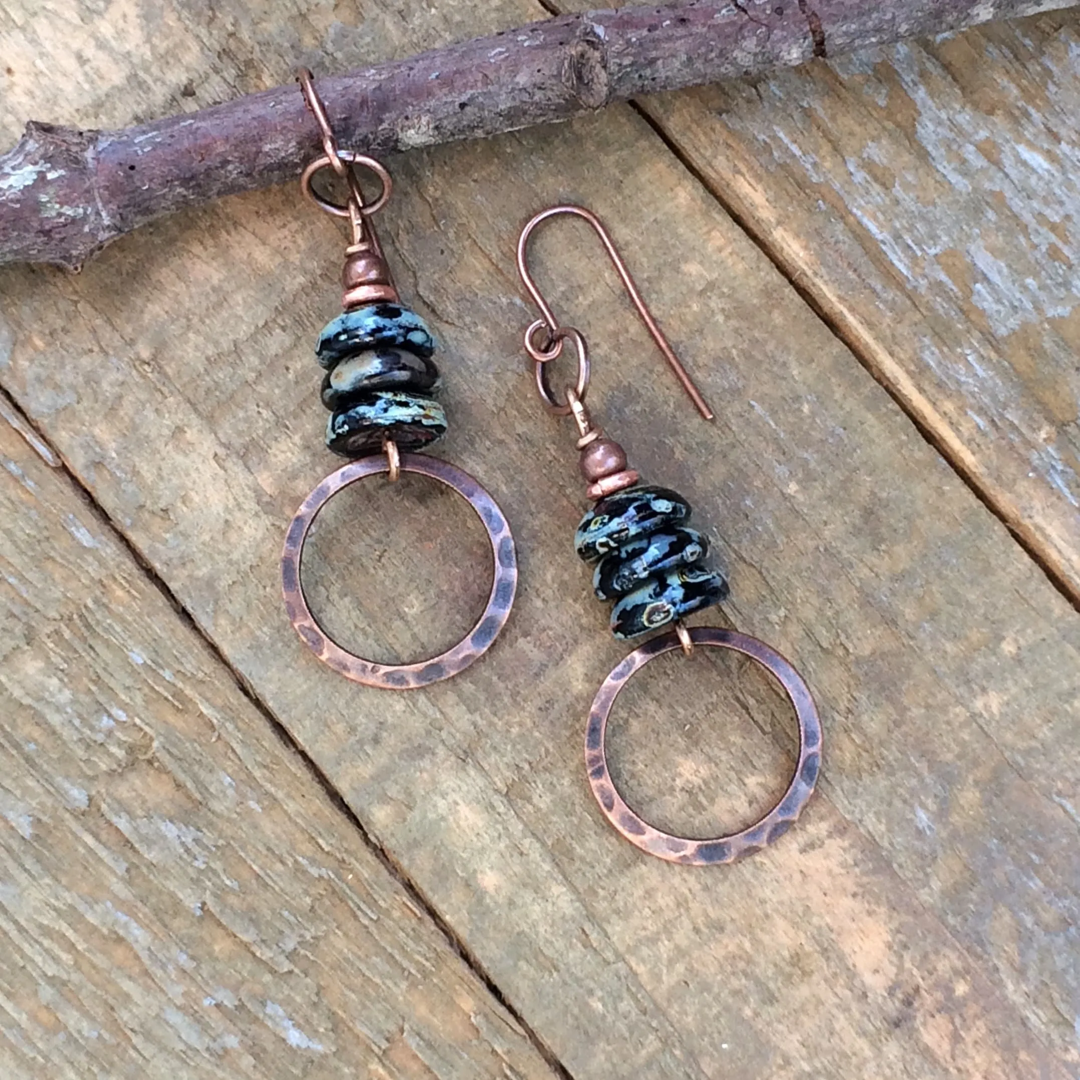 Bohemian Black Earrings, Earthy Copper Earrings, Copper Jewelry, Black Jewelry, Copper Dangle Earrings, Black Czech Glass Earrings