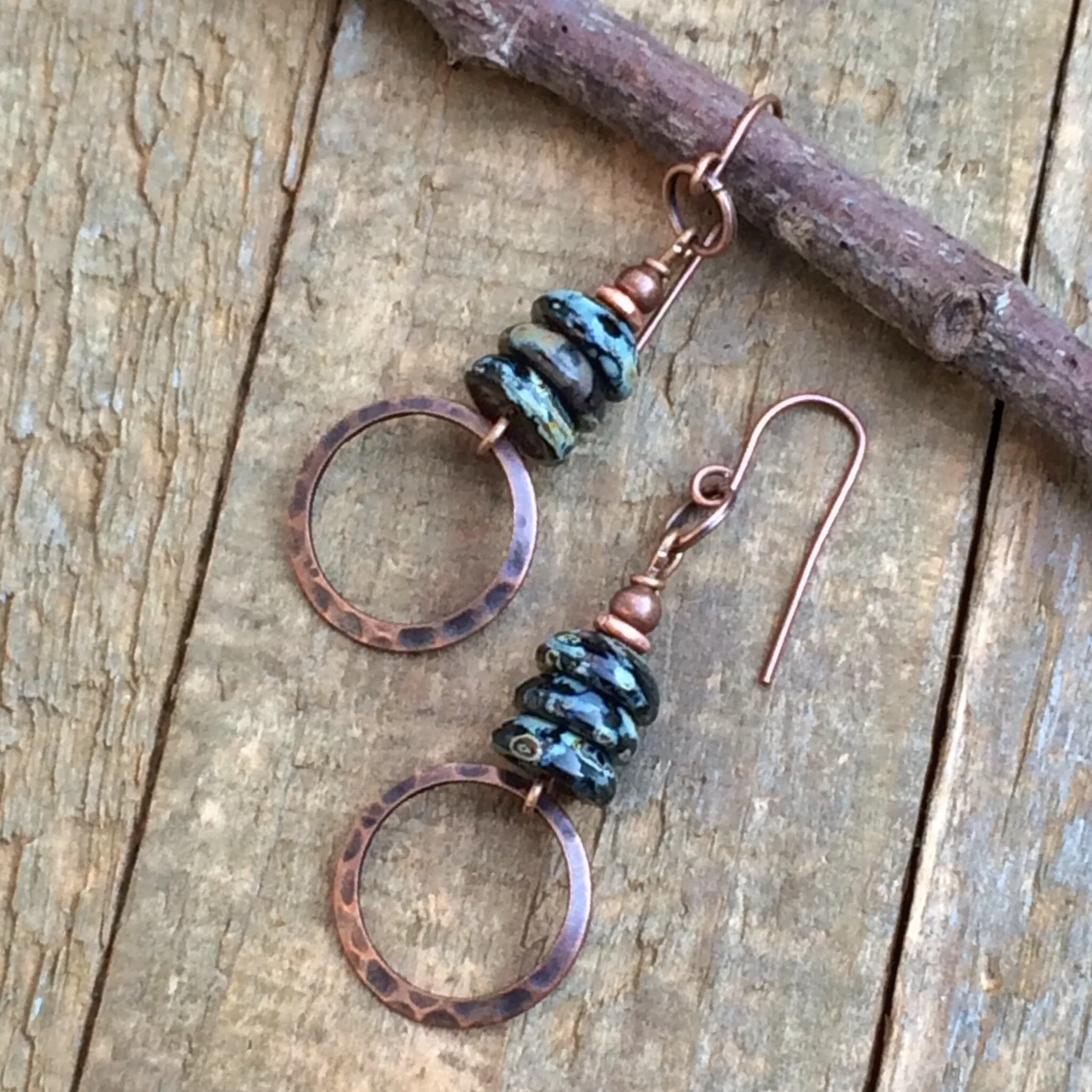 Bohemian Black Earrings, Earthy Copper Earrings, Copper Jewelry, Black Jewelry, Copper Dangle Earrings, Black Czech Glass Earrings