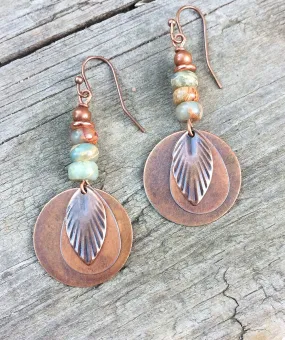 Boho dangle earrings, copper earrings, copper and African Opal jewelry